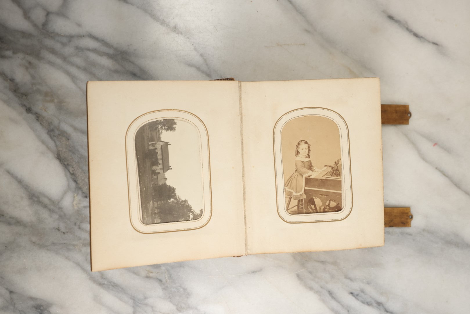 Lot 144 - Antique Photo Album With Gold Lettering On Spine, Gold On Cover, Containing Four Tintypes, 10 Carte De Visite, And 25 Snapshot Photos Of The Patterson Family, 19th / Early 20th Century, Including C.D.V. Of Little Girl Playing Piano (All Pages Included In Pictures)