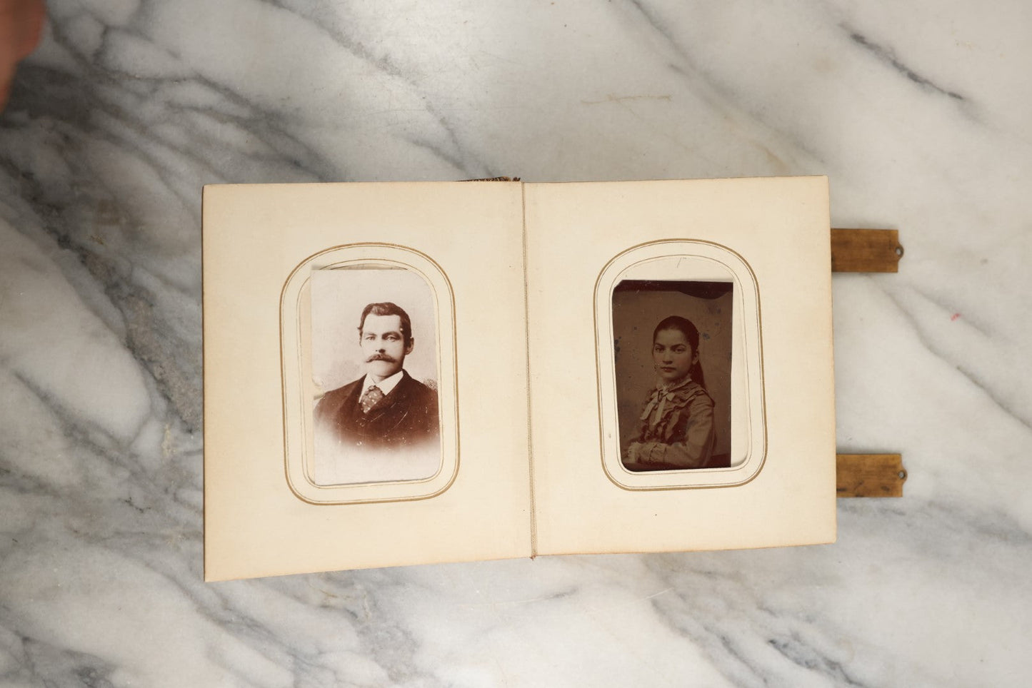 Lot 144 - Antique Photo Album With Gold Lettering On Spine, Gold On Cover, Containing Four Tintypes, 10 Carte De Visite, And 25 Snapshot Photos Of The Patterson Family, 19th / Early 20th Century, Including C.D.V. Of Little Girl Playing Piano (All Pages Included In Pictures)