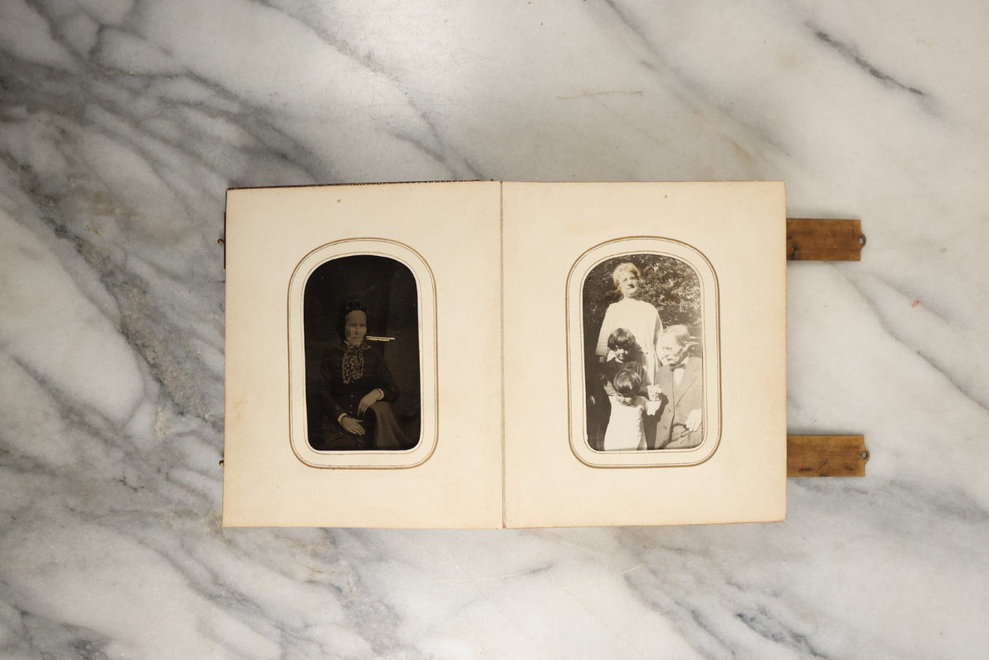 Lot 144 - Antique Photo Album With Gold Lettering On Spine, Gold On Cover, Containing Four Tintypes, 10 Carte De Visite, And 25 Snapshot Photos Of The Patterson Family, 19th / Early 20th Century, Including C.D.V. Of Little Girl Playing Piano (All Pages Included In Pictures)