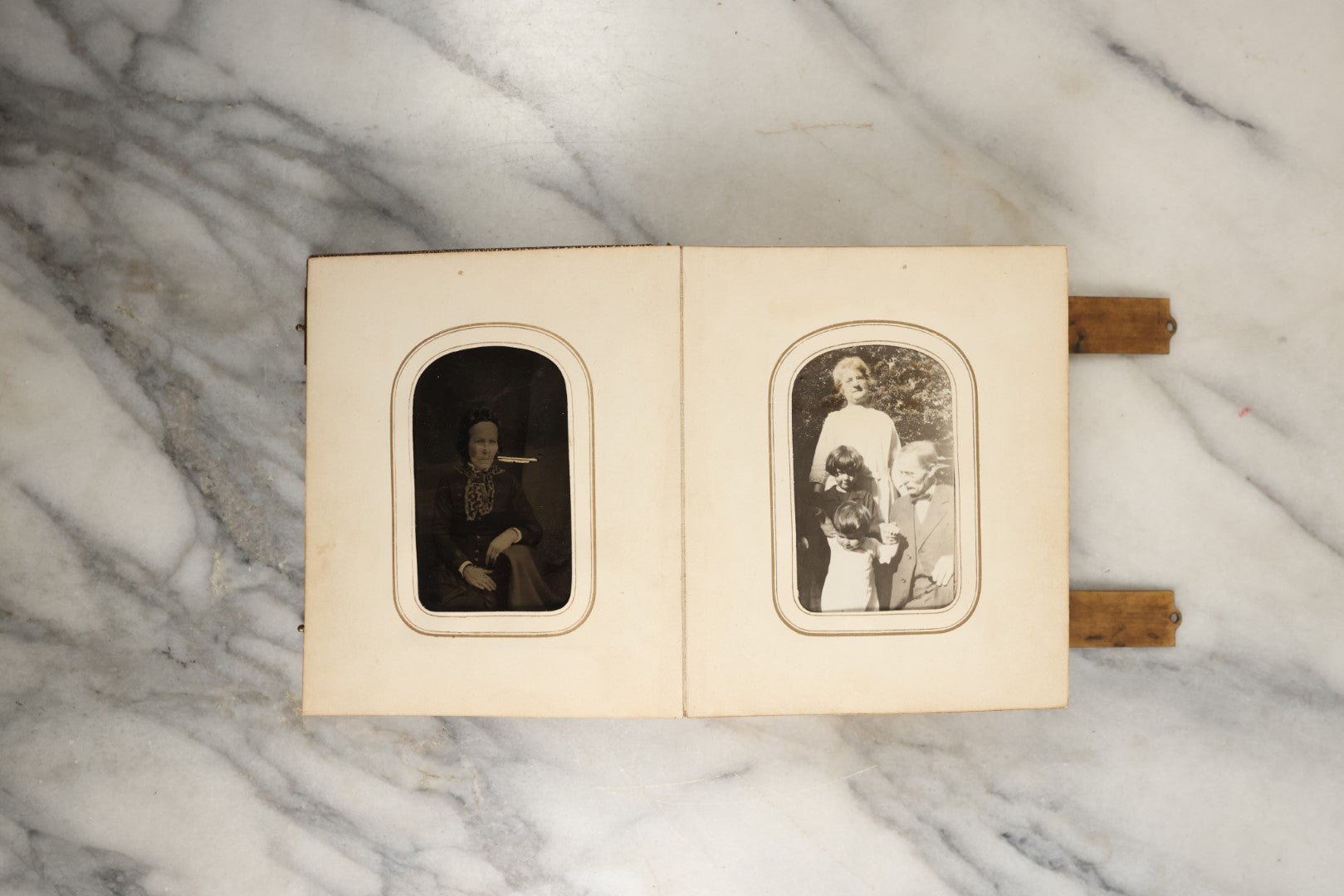 Lot 144 - Antique Photo Album With Gold Lettering On Spine, Gold On Cover, Containing Four Tintypes, 10 Carte De Visite, And 25 Snapshot Photos Of The Patterson Family, 19th / Early 20th Century, Including C.D.V. Of Little Girl Playing Piano (All Pages Included In Pictures)