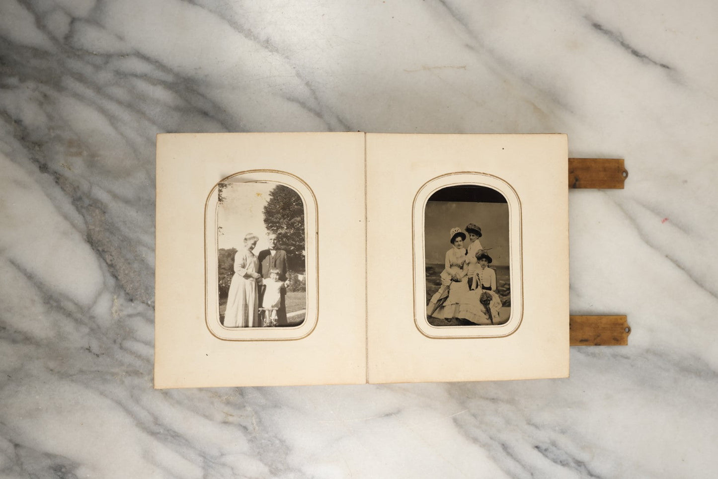 Lot 144 - Antique Photo Album With Gold Lettering On Spine, Gold On Cover, Containing Four Tintypes, 10 Carte De Visite, And 25 Snapshot Photos Of The Patterson Family, 19th / Early 20th Century, Including C.D.V. Of Little Girl Playing Piano (All Pages Included In Pictures)