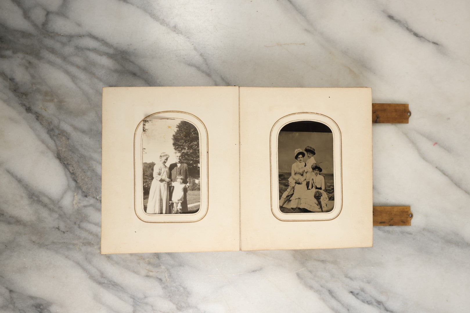 Lot 144 - Antique Photo Album With Gold Lettering On Spine, Gold On Cover, Containing Four Tintypes, 10 Carte De Visite, And 25 Snapshot Photos Of The Patterson Family, 19th / Early 20th Century, Including C.D.V. Of Little Girl Playing Piano (All Pages Included In Pictures)