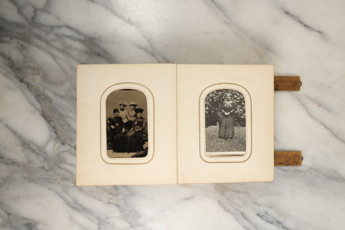 Lot 144 - Antique Photo Album With Gold Lettering On Spine, Gold On Cover, Containing Four Tintypes, 10 Carte De Visite, And 25 Snapshot Photos Of The Patterson Family, 19th / Early 20th Century, Including C.D.V. Of Little Girl Playing Piano (All Pages Included In Pictures)