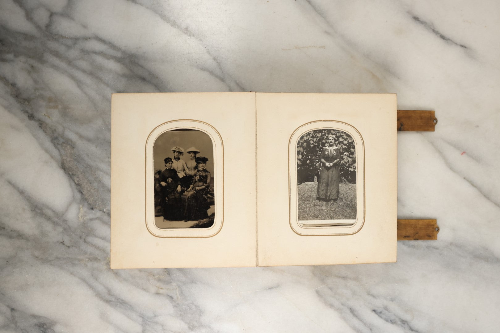 Lot 144 - Antique Photo Album With Gold Lettering On Spine, Gold On Cover, Containing Four Tintypes, 10 Carte De Visite, And 25 Snapshot Photos Of The Patterson Family, 19th / Early 20th Century, Including C.D.V. Of Little Girl Playing Piano (All Pages Included In Pictures)