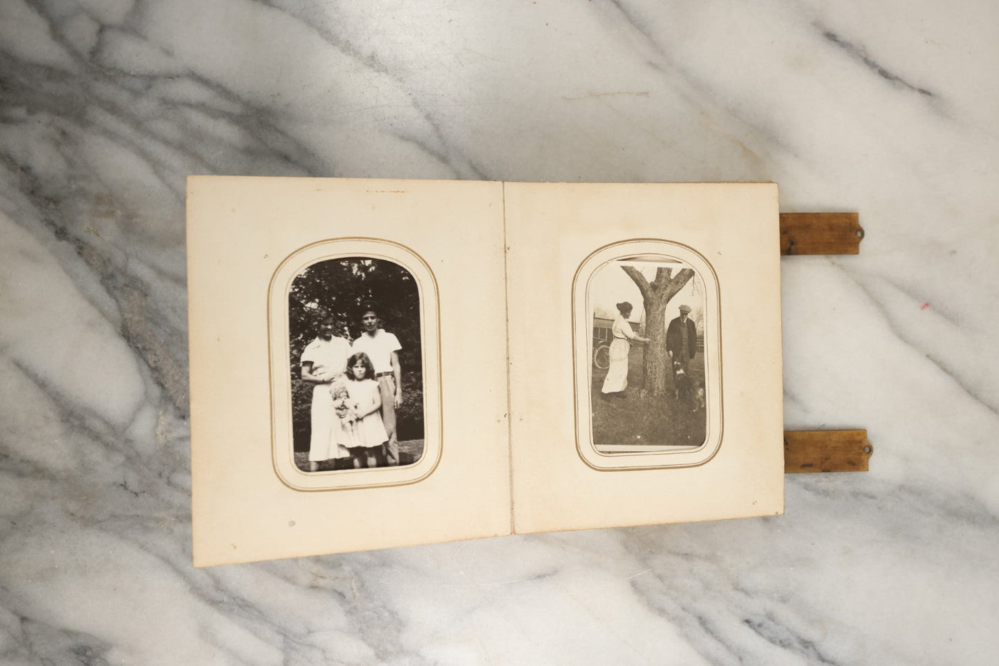 Lot 144 - Antique Photo Album With Gold Lettering On Spine, Gold On Cover, Containing Four Tintypes, 10 Carte De Visite, And 25 Snapshot Photos Of The Patterson Family, 19th / Early 20th Century, Including C.D.V. Of Little Girl Playing Piano (All Pages Included In Pictures)