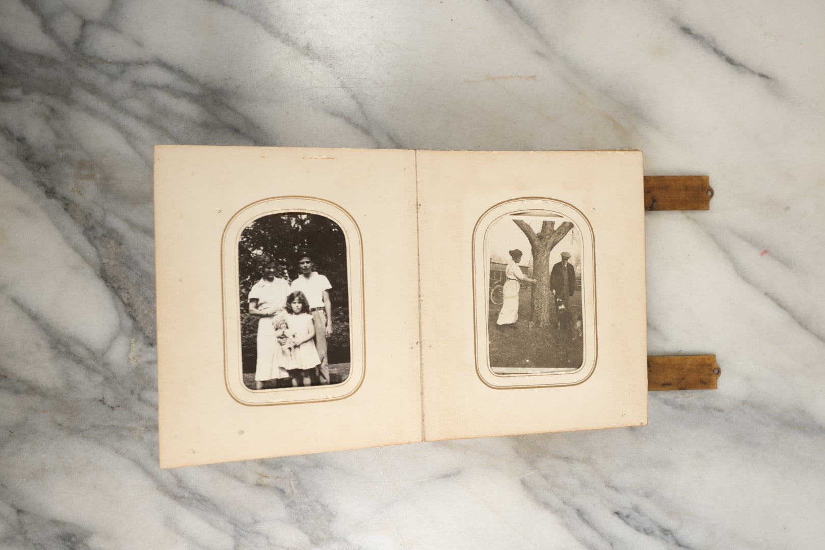 Lot 144 - Antique Photo Album With Gold Lettering On Spine, Gold On Cover, Containing Four Tintypes, 10 Carte De Visite, And 25 Snapshot Photos Of The Patterson Family, 19th / Early 20th Century, Including C.D.V. Of Little Girl Playing Piano (All Pages Included In Pictures)