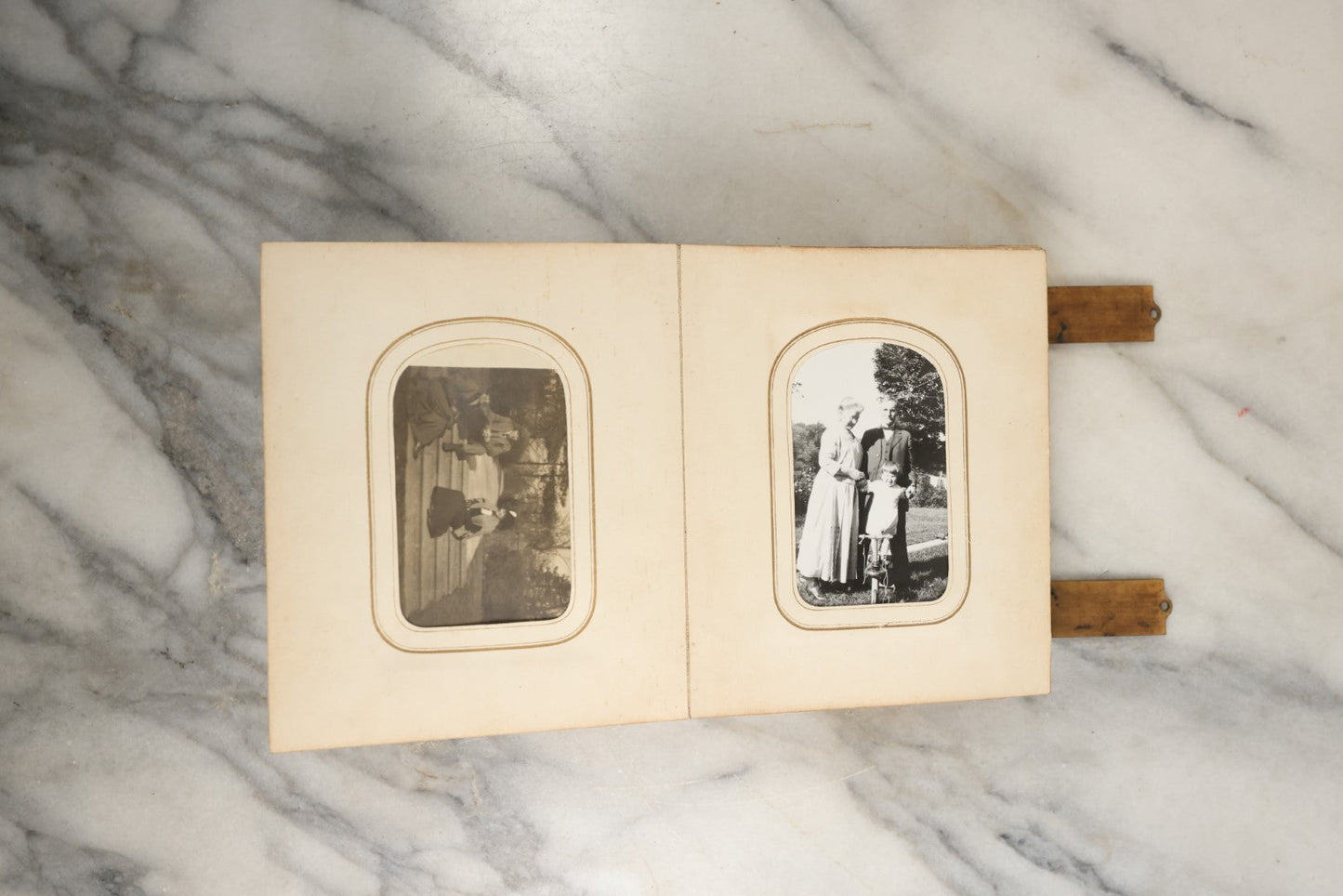 Lot 144 - Antique Photo Album With Gold Lettering On Spine, Gold On Cover, Containing Four Tintypes, 10 Carte De Visite, And 25 Snapshot Photos Of The Patterson Family, 19th / Early 20th Century, Including C.D.V. Of Little Girl Playing Piano (All Pages Included In Pictures)