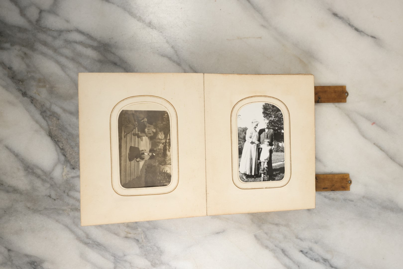 Lot 144 - Antique Photo Album With Gold Lettering On Spine, Gold On Cover, Containing Four Tintypes, 10 Carte De Visite, And 25 Snapshot Photos Of The Patterson Family, 19th / Early 20th Century, Including C.D.V. Of Little Girl Playing Piano (All Pages Included In Pictures)