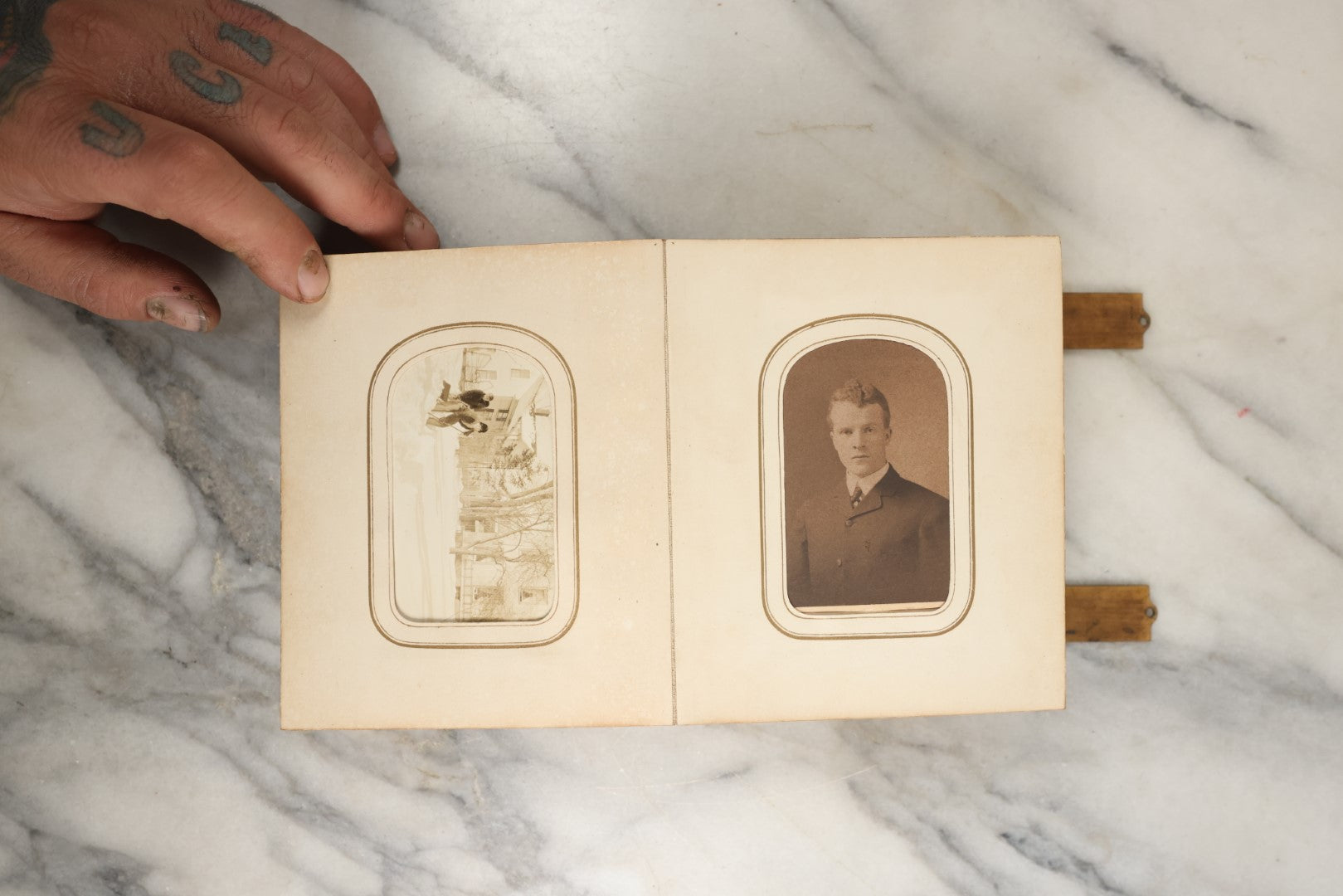 Lot 144 - Antique Photo Album With Gold Lettering On Spine, Gold On Cover, Containing Four Tintypes, 10 Carte De Visite, And 25 Snapshot Photos Of The Patterson Family, 19th / Early 20th Century, Including C.D.V. Of Little Girl Playing Piano (All Pages Included In Pictures)