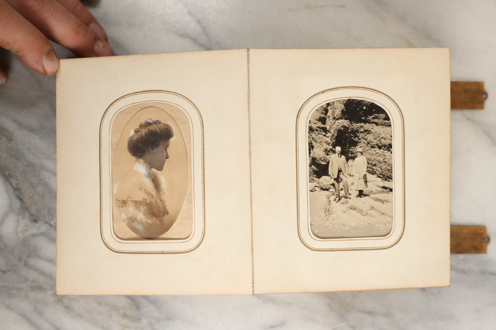 Lot 144 - Antique Photo Album With Gold Lettering On Spine, Gold On Cover, Containing Four Tintypes, 10 Carte De Visite, And 25 Snapshot Photos Of The Patterson Family, 19th / Early 20th Century, Including C.D.V. Of Little Girl Playing Piano (All Pages Included In Pictures)