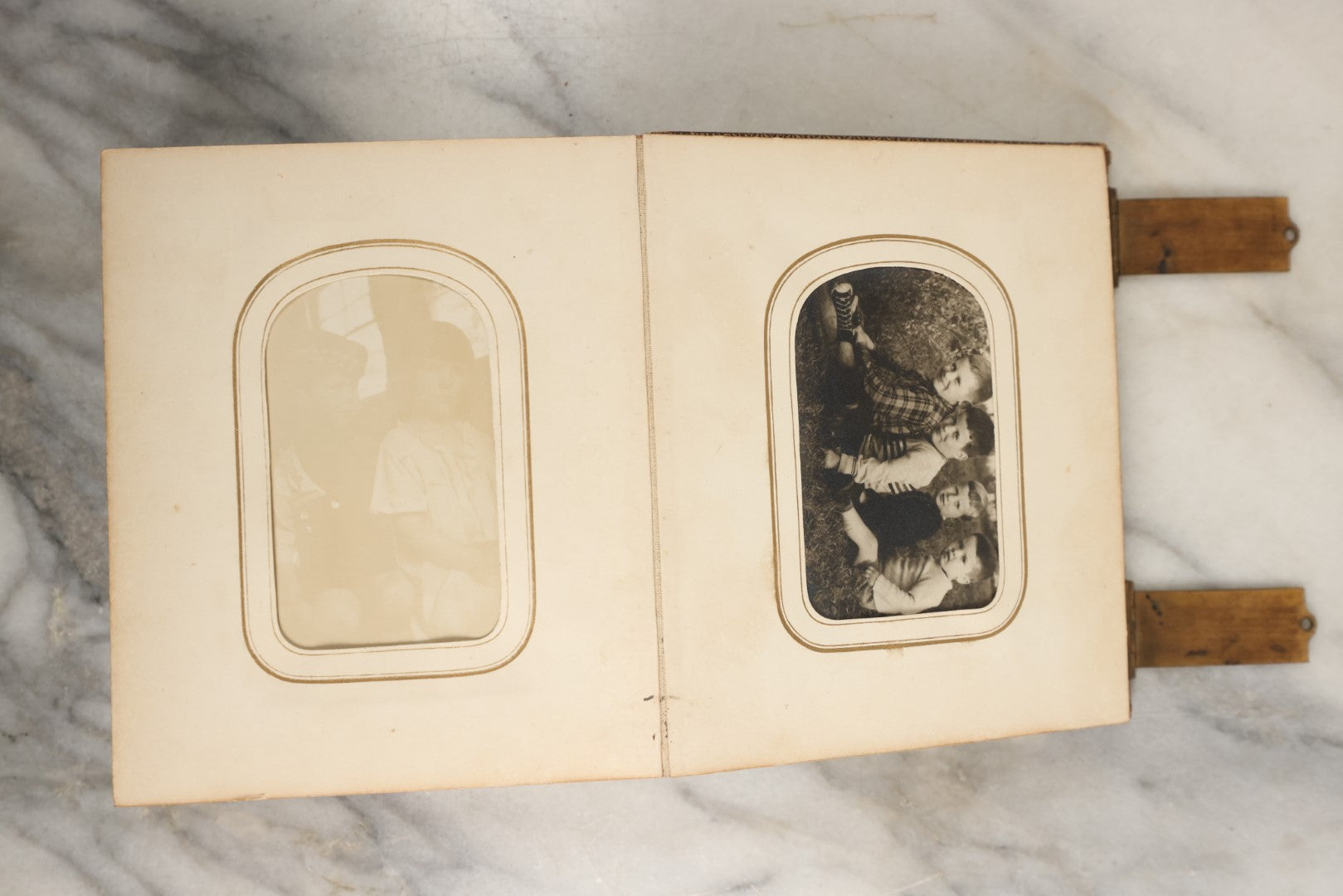 Lot 144 - Antique Photo Album With Gold Lettering On Spine, Gold On Cover, Containing Four Tintypes, 10 Carte De Visite, And 25 Snapshot Photos Of The Patterson Family, 19th / Early 20th Century, Including C.D.V. Of Little Girl Playing Piano (All Pages Included In Pictures)