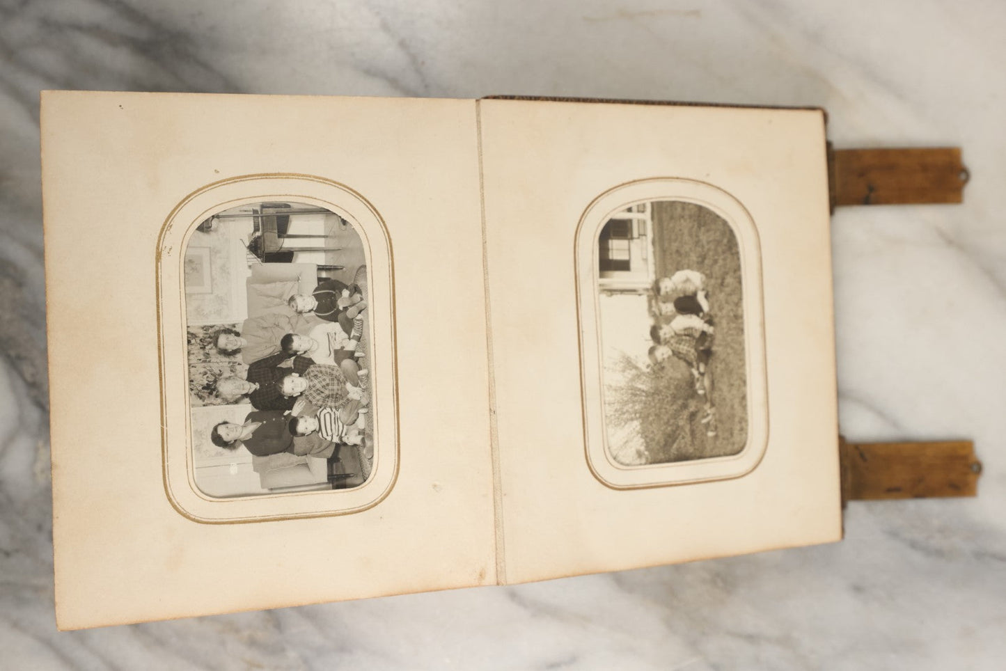 Lot 144 - Antique Photo Album With Gold Lettering On Spine, Gold On Cover, Containing Four Tintypes, 10 Carte De Visite, And 25 Snapshot Photos Of The Patterson Family, 19th / Early 20th Century, Including C.D.V. Of Little Girl Playing Piano (All Pages Included In Pictures)