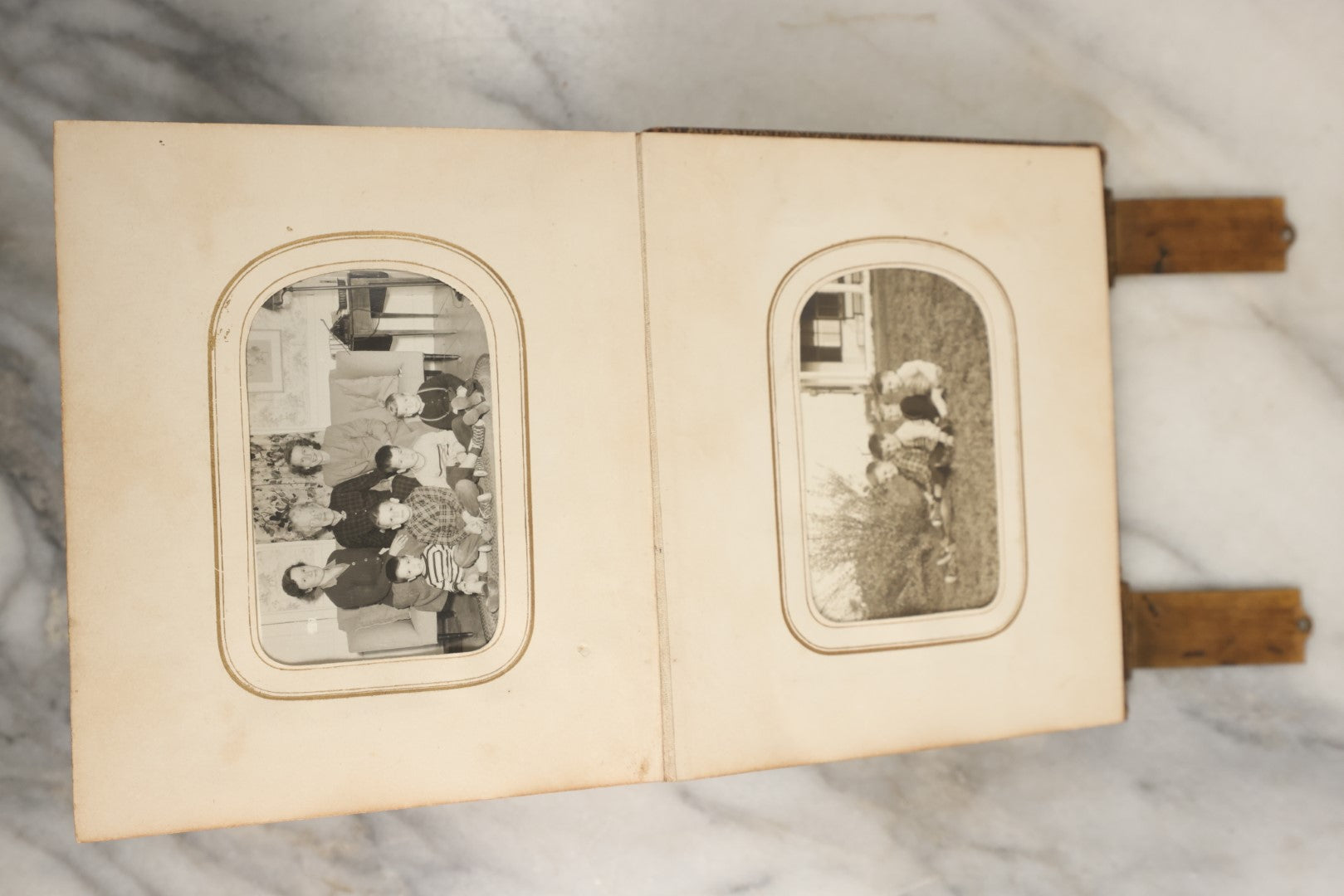 Lot 144 - Antique Photo Album With Gold Lettering On Spine, Gold On Cover, Containing Four Tintypes, 10 Carte De Visite, And 25 Snapshot Photos Of The Patterson Family, 19th / Early 20th Century, Including C.D.V. Of Little Girl Playing Piano (All Pages Included In Pictures)