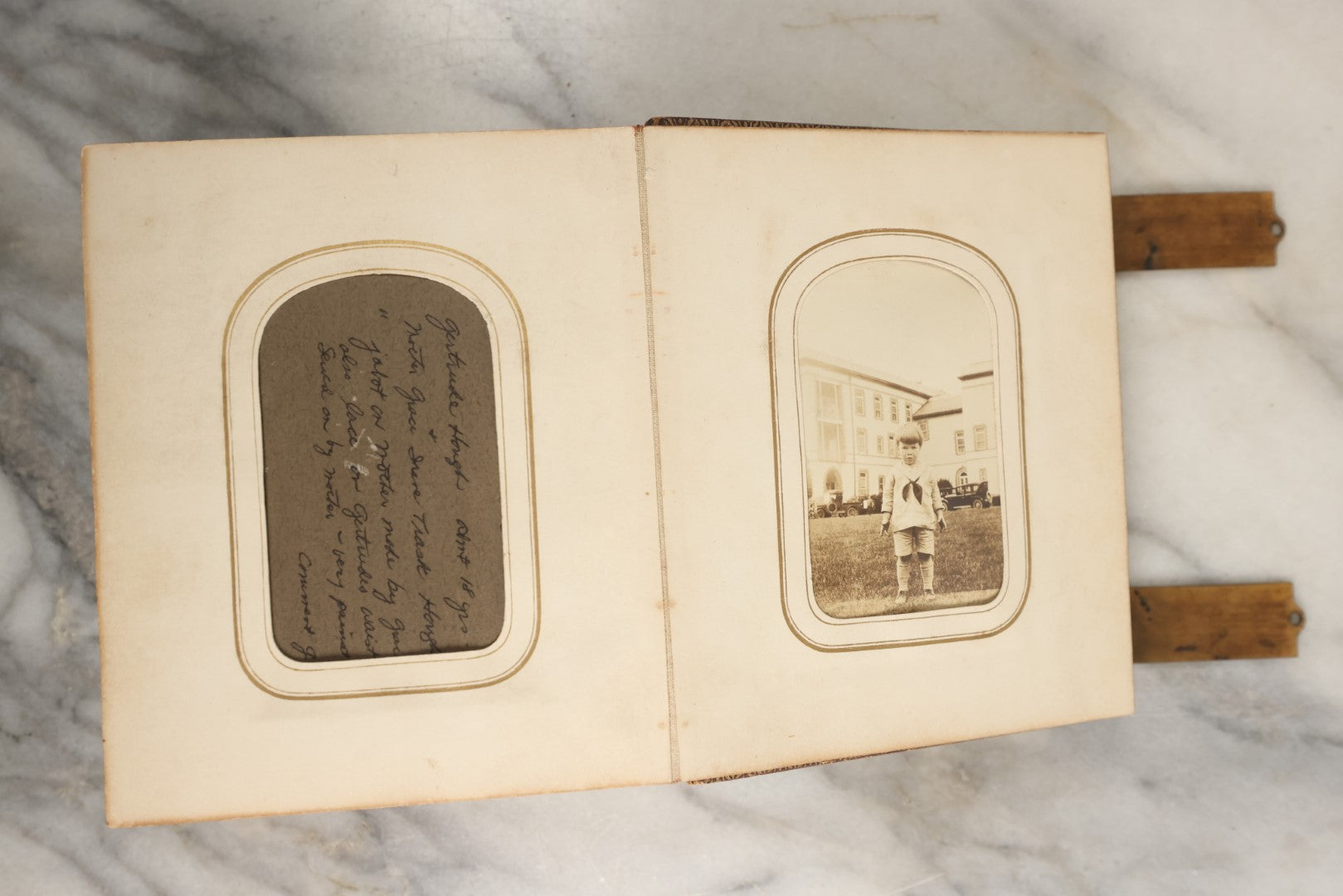 Lot 144 - Antique Photo Album With Gold Lettering On Spine, Gold On Cover, Containing Four Tintypes, 10 Carte De Visite, And 25 Snapshot Photos Of The Patterson Family, 19th / Early 20th Century, Including C.D.V. Of Little Girl Playing Piano (All Pages Included In Pictures)