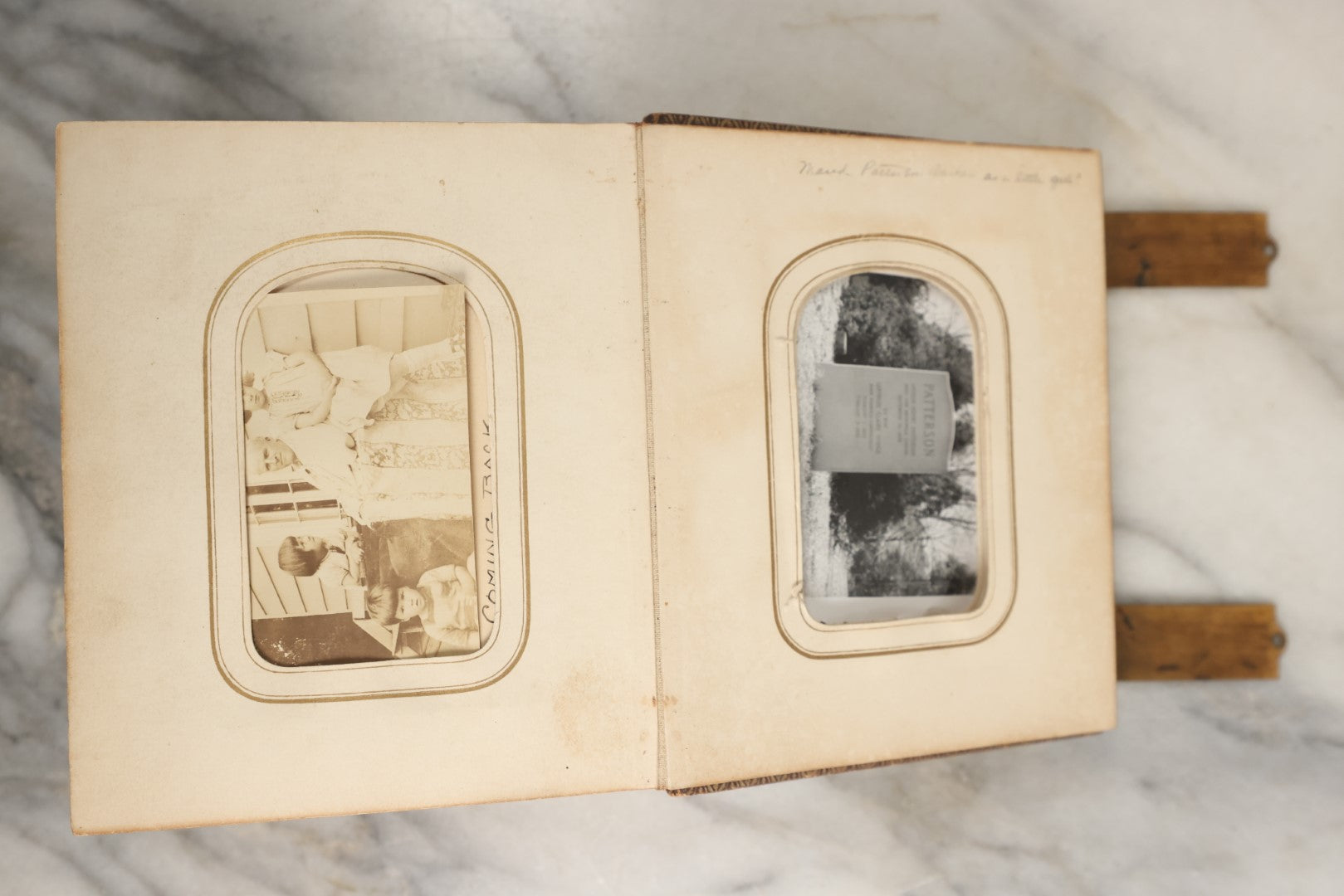 Lot 144 - Antique Photo Album With Gold Lettering On Spine, Gold On Cover, Containing Four Tintypes, 10 Carte De Visite, And 25 Snapshot Photos Of The Patterson Family, 19th / Early 20th Century, Including C.D.V. Of Little Girl Playing Piano (All Pages Included In Pictures)