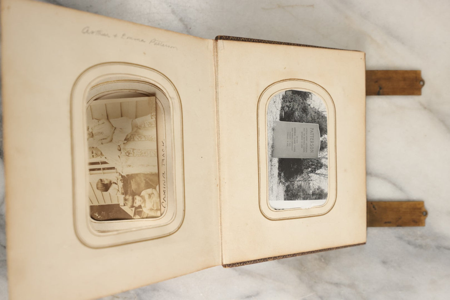 Lot 144 - Antique Photo Album With Gold Lettering On Spine, Gold On Cover, Containing Four Tintypes, 10 Carte De Visite, And 25 Snapshot Photos Of The Patterson Family, 19th / Early 20th Century, Including C.D.V. Of Little Girl Playing Piano (All Pages Included In Pictures)