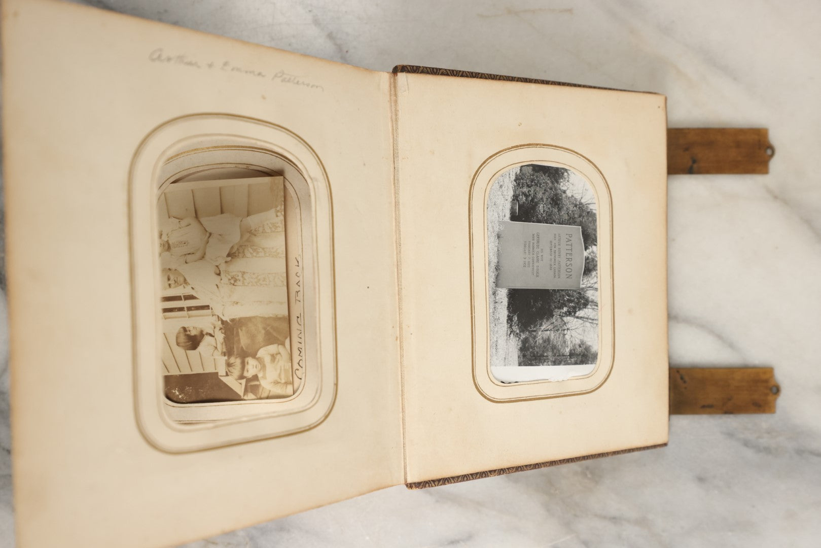Lot 144 - Antique Photo Album With Gold Lettering On Spine, Gold On Cover, Containing Four Tintypes, 10 Carte De Visite, And 25 Snapshot Photos Of The Patterson Family, 19th / Early 20th Century, Including C.D.V. Of Little Girl Playing Piano (All Pages Included In Pictures)