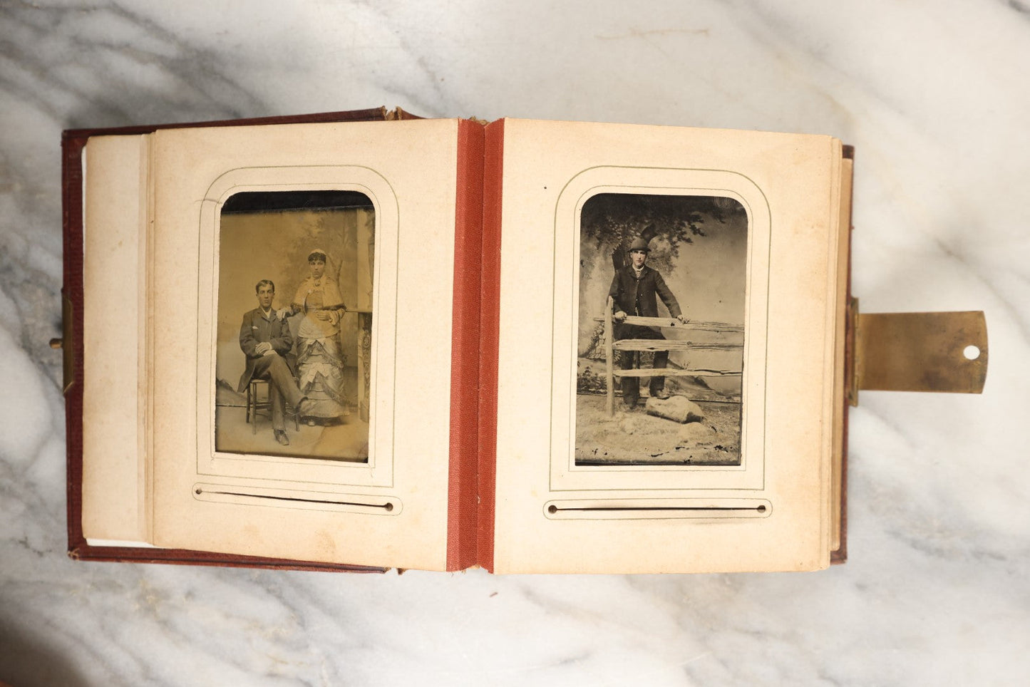 Lot 145 - Antique Photo Album With Gold Lettering On Spine, Plain Cover, Containing 27 Tintypes, 3 Snapshots, And 3 Religious Filler Cards (All Pages Included In Pictures)
