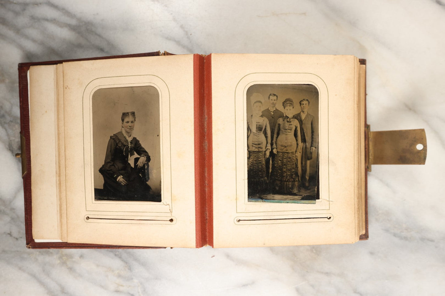 Lot 145 - Antique Photo Album With Gold Lettering On Spine, Plain Cover, Containing 27 Tintypes, 3 Snapshots, And 3 Religious Filler Cards (All Pages Included In Pictures)