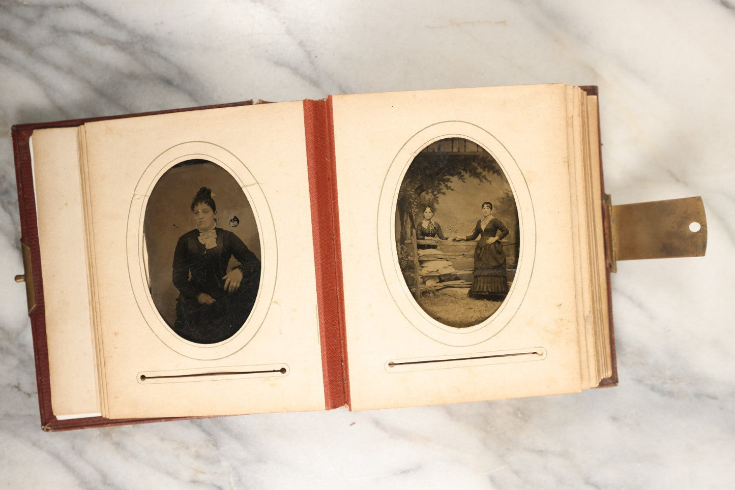 Lot 145 - Antique Photo Album With Gold Lettering On Spine, Plain Cover, Containing 27 Tintypes, 3 Snapshots, And 3 Religious Filler Cards (All Pages Included In Pictures)
