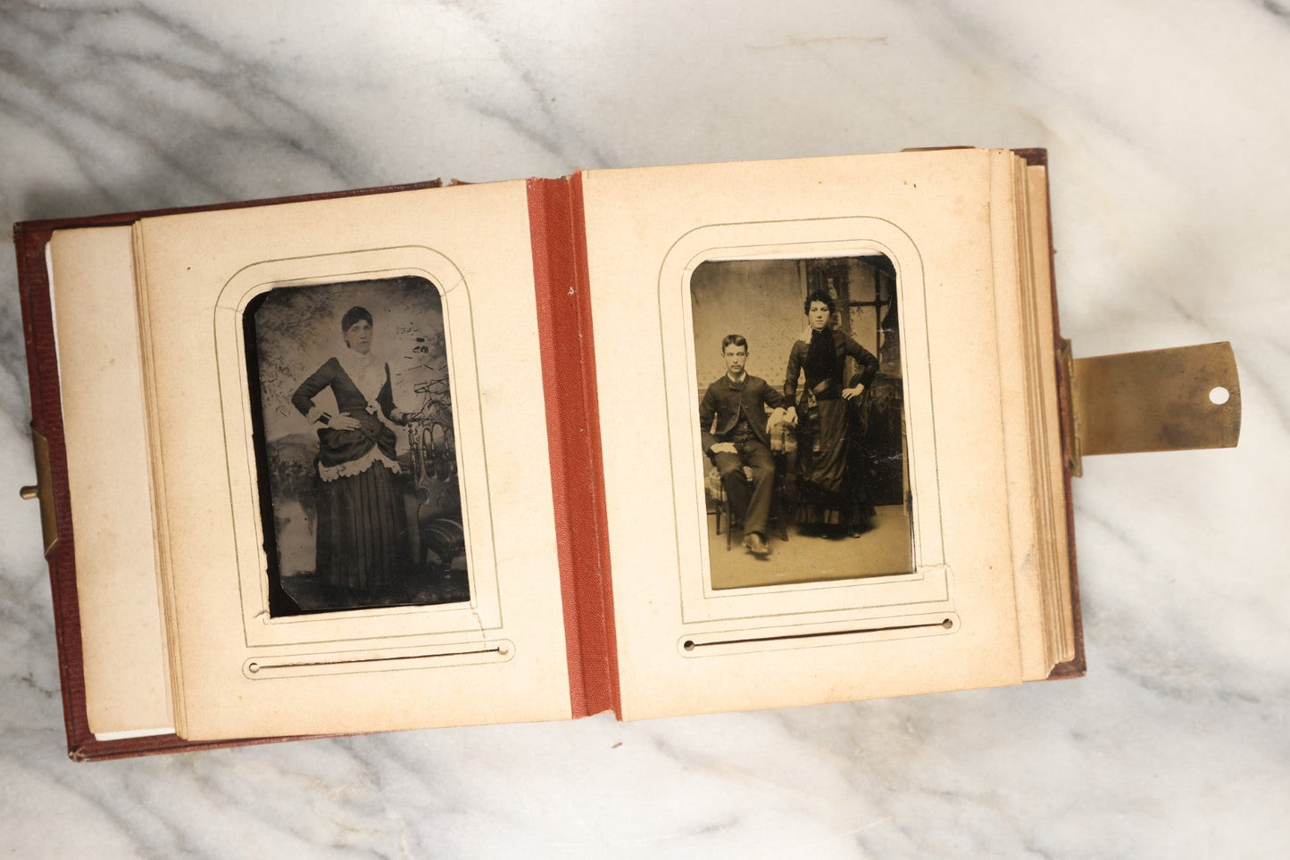 Lot 145 - Antique Photo Album With Gold Lettering On Spine, Plain Cover, Containing 27 Tintypes, 3 Snapshots, And 3 Religious Filler Cards (All Pages Included In Pictures)