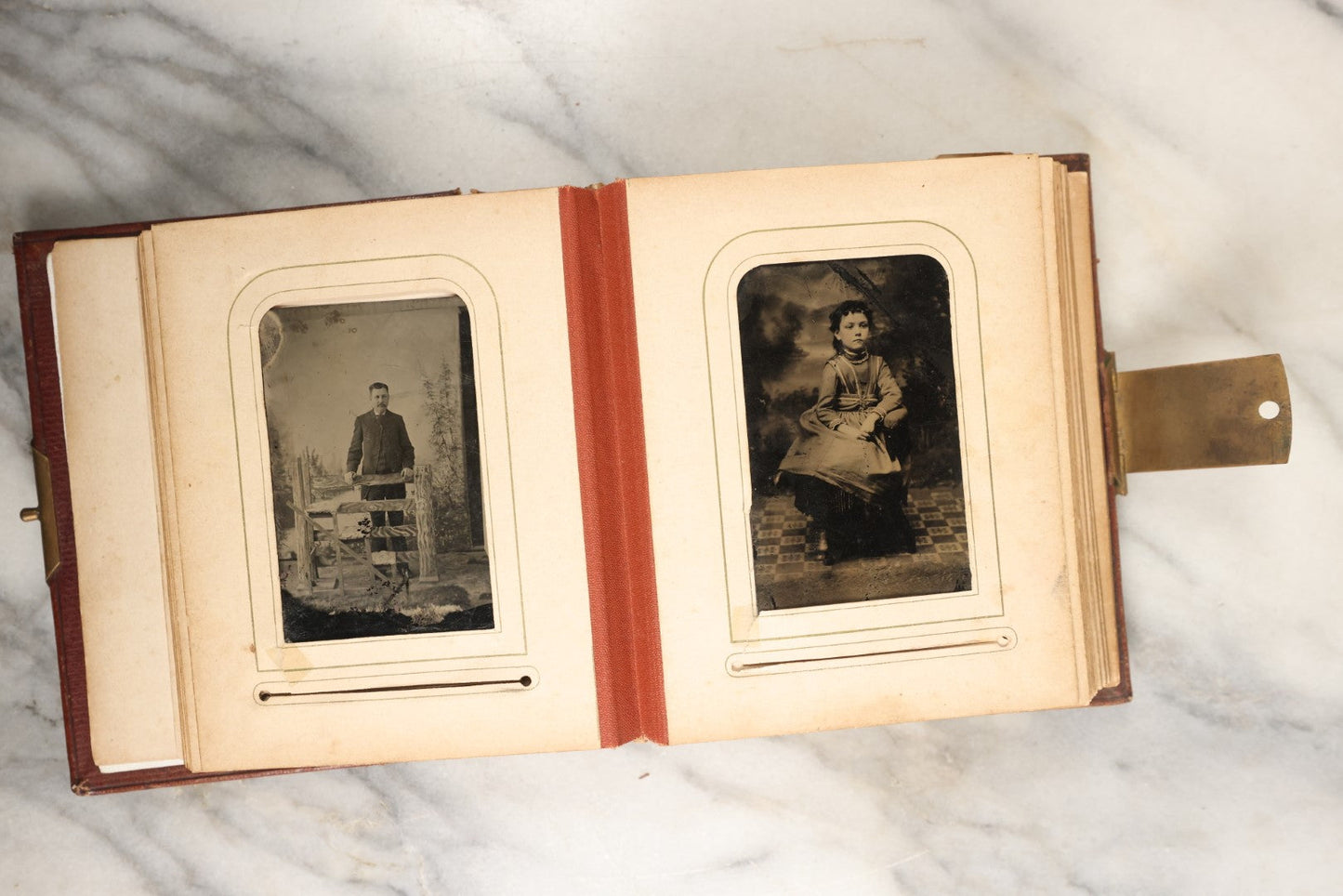 Lot 145 - Antique Photo Album With Gold Lettering On Spine, Plain Cover, Containing 27 Tintypes, 3 Snapshots, And 3 Religious Filler Cards (All Pages Included In Pictures)