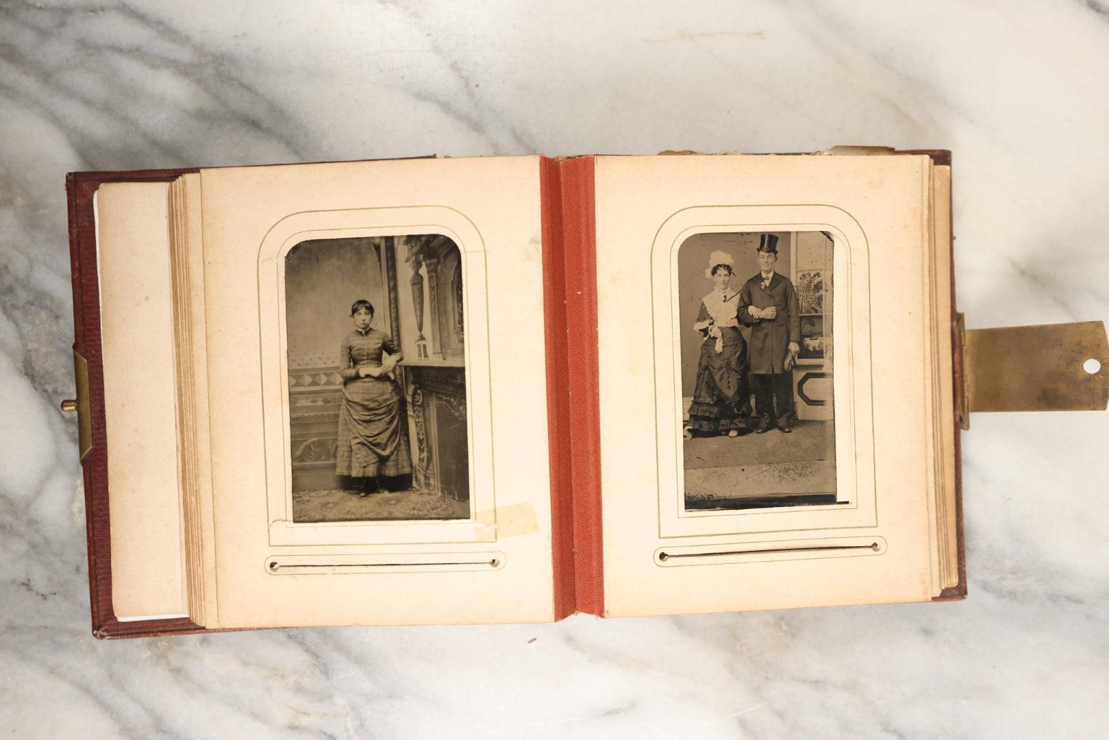 Lot 145 - Antique Photo Album With Gold Lettering On Spine, Plain Cover, Containing 27 Tintypes, 3 Snapshots, And 3 Religious Filler Cards (All Pages Included In Pictures)