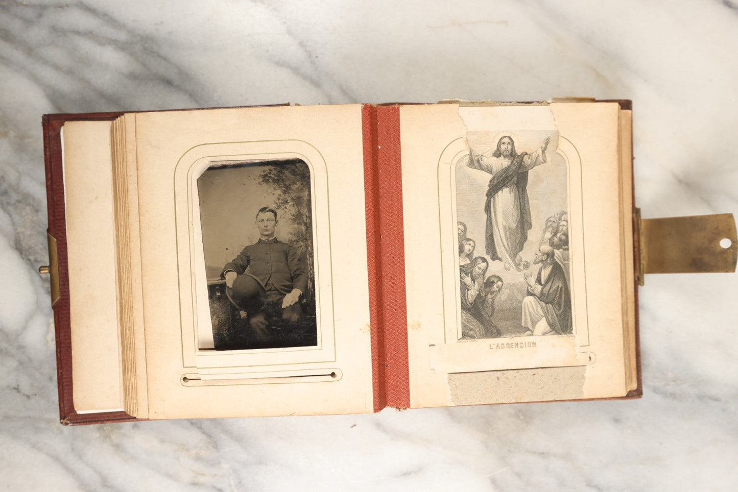 Lot 145 - Antique Photo Album With Gold Lettering On Spine, Plain Cover, Containing 27 Tintypes, 3 Snapshots, And 3 Religious Filler Cards (All Pages Included In Pictures)