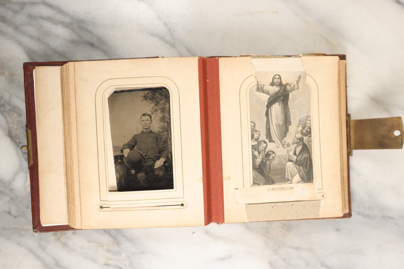 Lot 145 - Antique Photo Album With Gold Lettering On Spine, Plain Cover, Containing 27 Tintypes, 3 Snapshots, And 3 Religious Filler Cards (All Pages Included In Pictures)