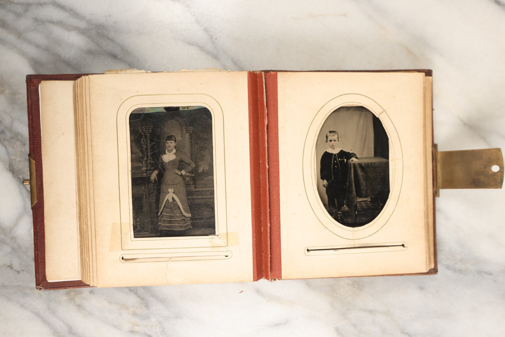 Lot 145 - Antique Photo Album With Gold Lettering On Spine, Plain Cover, Containing 27 Tintypes, 3 Snapshots, And 3 Religious Filler Cards (All Pages Included In Pictures)