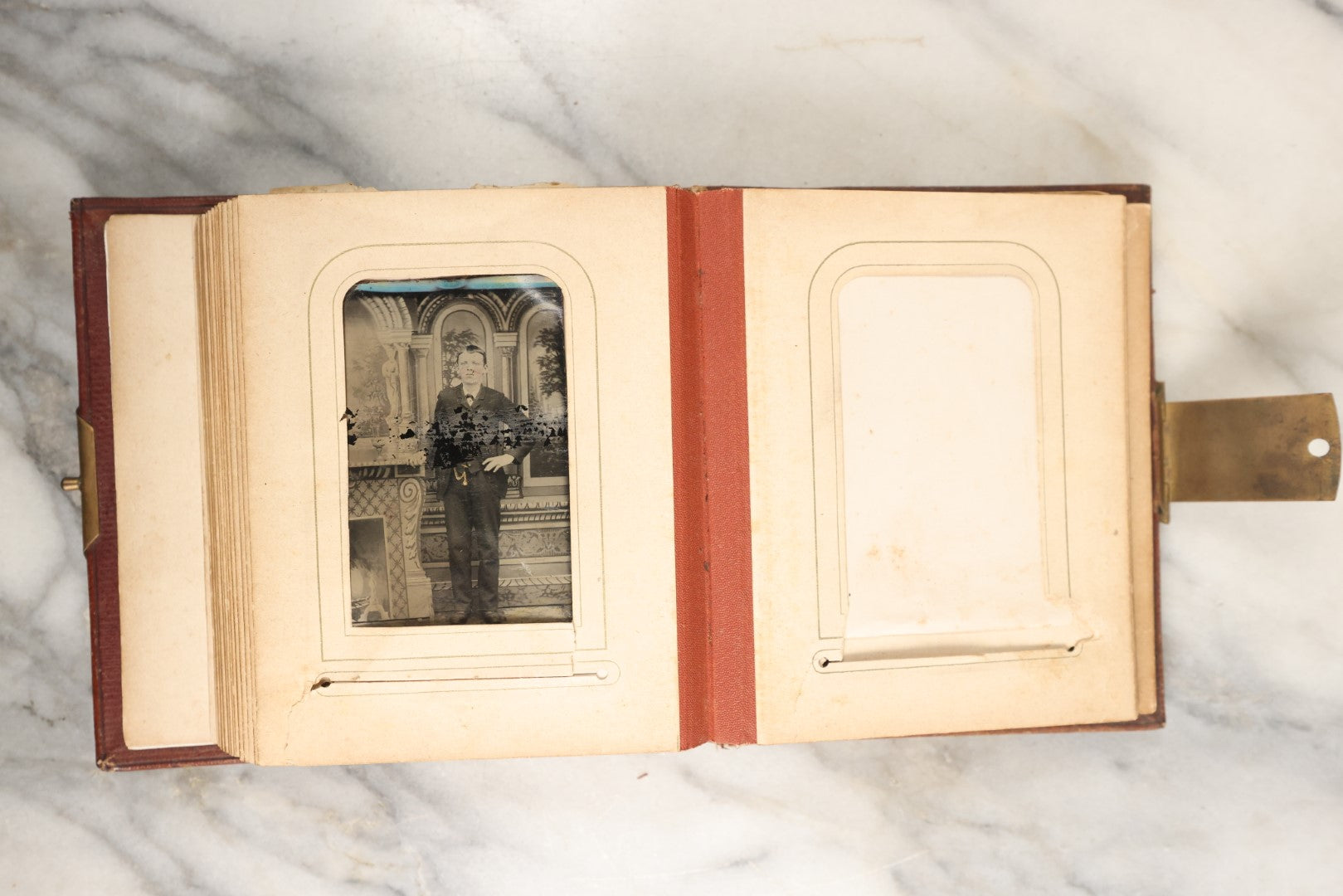 Lot 145 - Antique Photo Album With Gold Lettering On Spine, Plain Cover, Containing 27 Tintypes, 3 Snapshots, And 3 Religious Filler Cards (All Pages Included In Pictures)