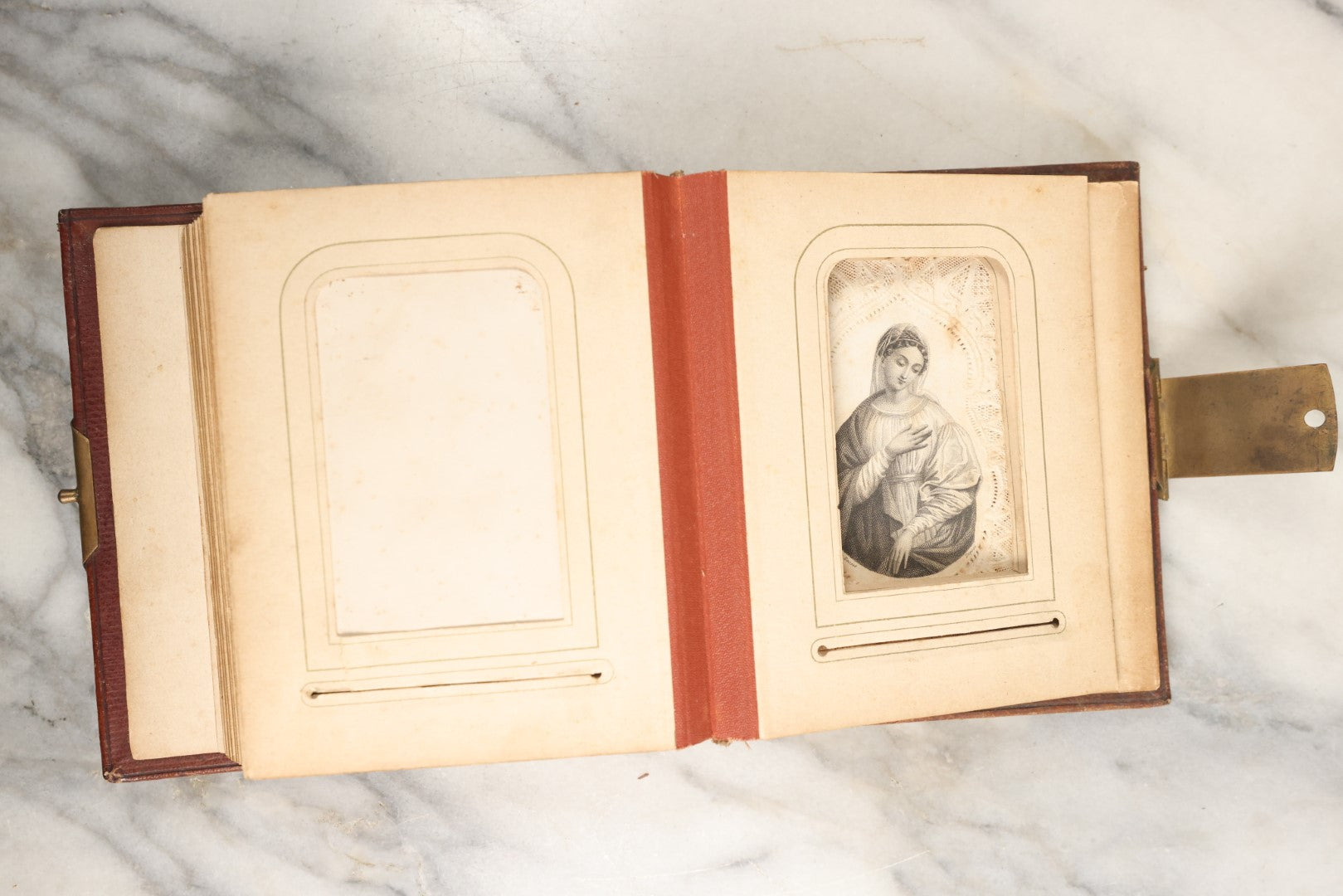 Lot 145 - Antique Photo Album With Gold Lettering On Spine, Plain Cover, Containing 27 Tintypes, 3 Snapshots, And 3 Religious Filler Cards (All Pages Included In Pictures)
