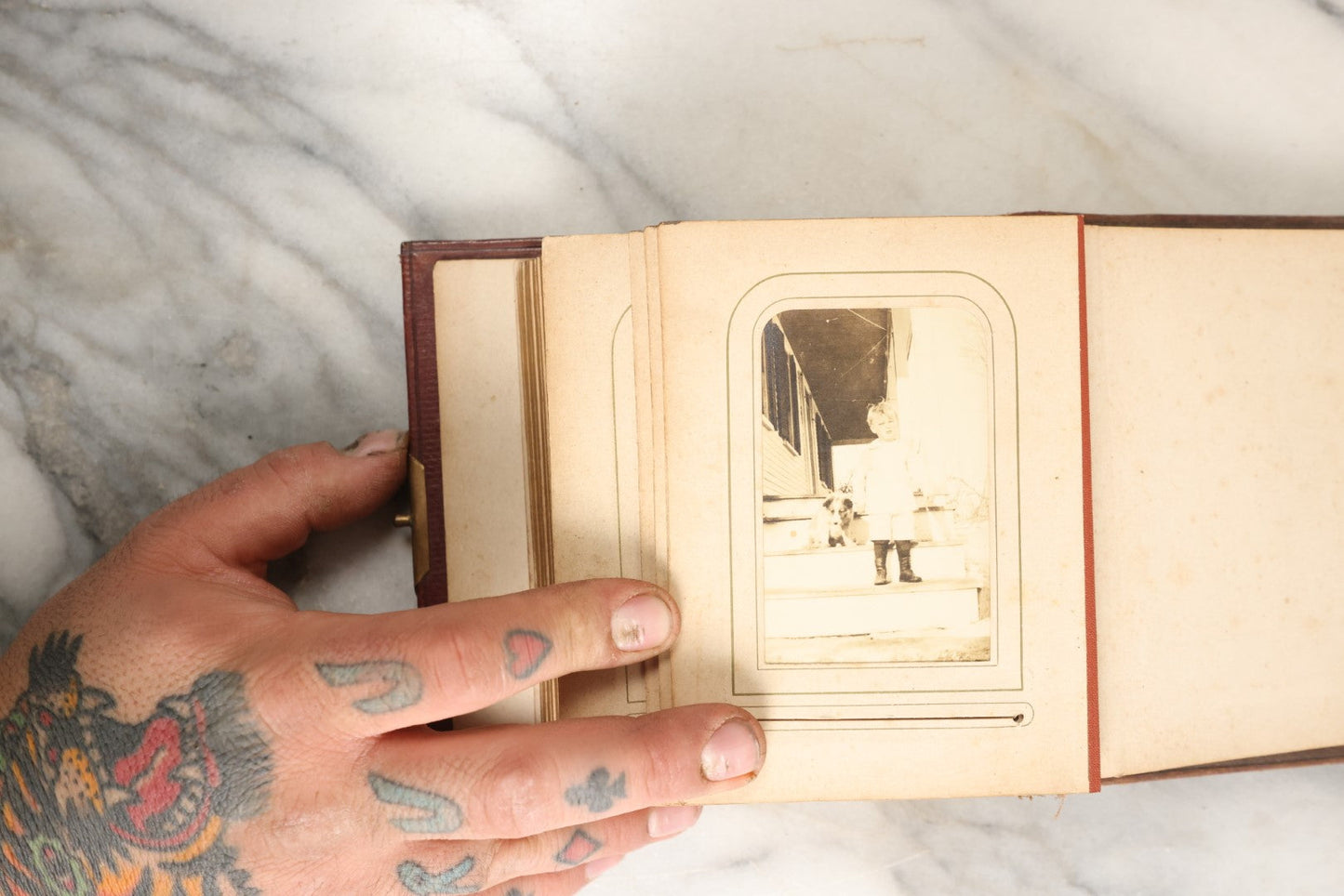 Lot 145 - Antique Photo Album With Gold Lettering On Spine, Plain Cover, Containing 27 Tintypes, 3 Snapshots, And 3 Religious Filler Cards (All Pages Included In Pictures)