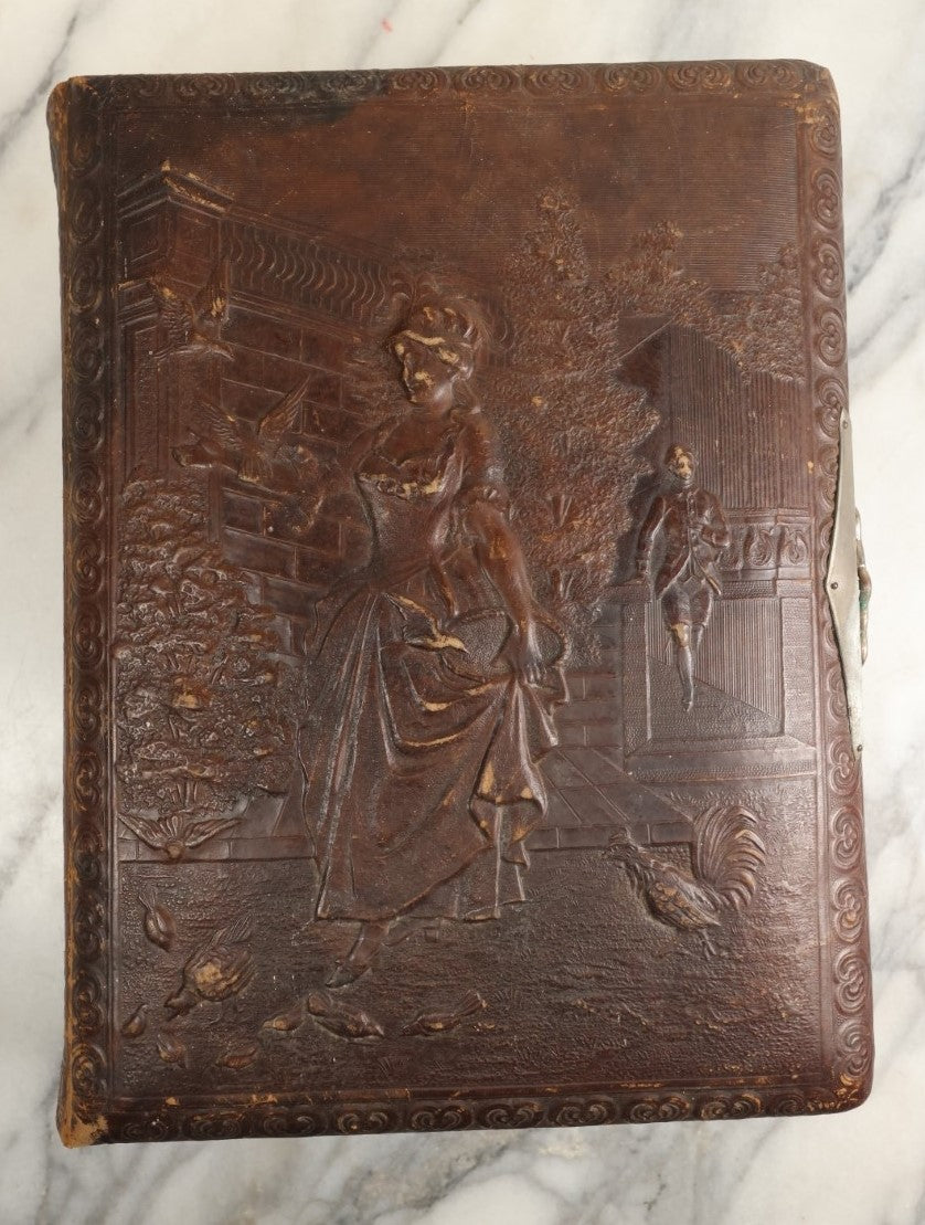 Lot 148 - Antique Cabinet Card Photo Album With Woman And Birds On Cover, Containing 25 Cabinet Cards And 12 Carte De Visite C.D.V. Photographs (All Pages Included In Pictures)