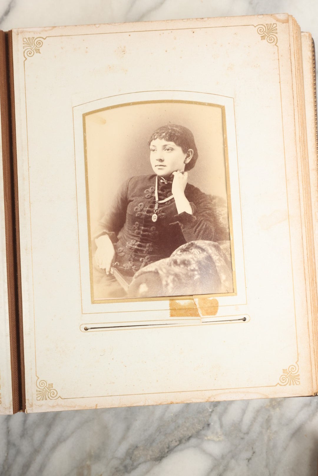 Lot 148 - Antique Cabinet Card Photo Album With Woman And Birds On Cover, Containing 25 Cabinet Cards And 12 Carte De Visite C.D.V. Photographs (All Pages Included In Pictures)