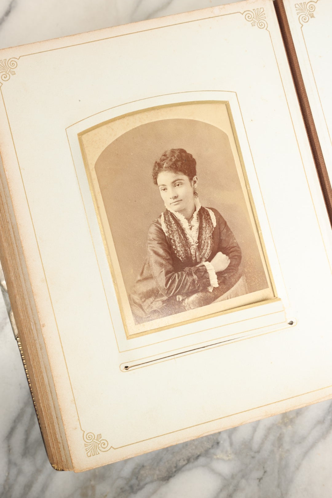 Lot 148 - Antique Cabinet Card Photo Album With Woman And Birds On Cover, Containing 25 Cabinet Cards And 12 Carte De Visite C.D.V. Photographs (All Pages Included In Pictures)