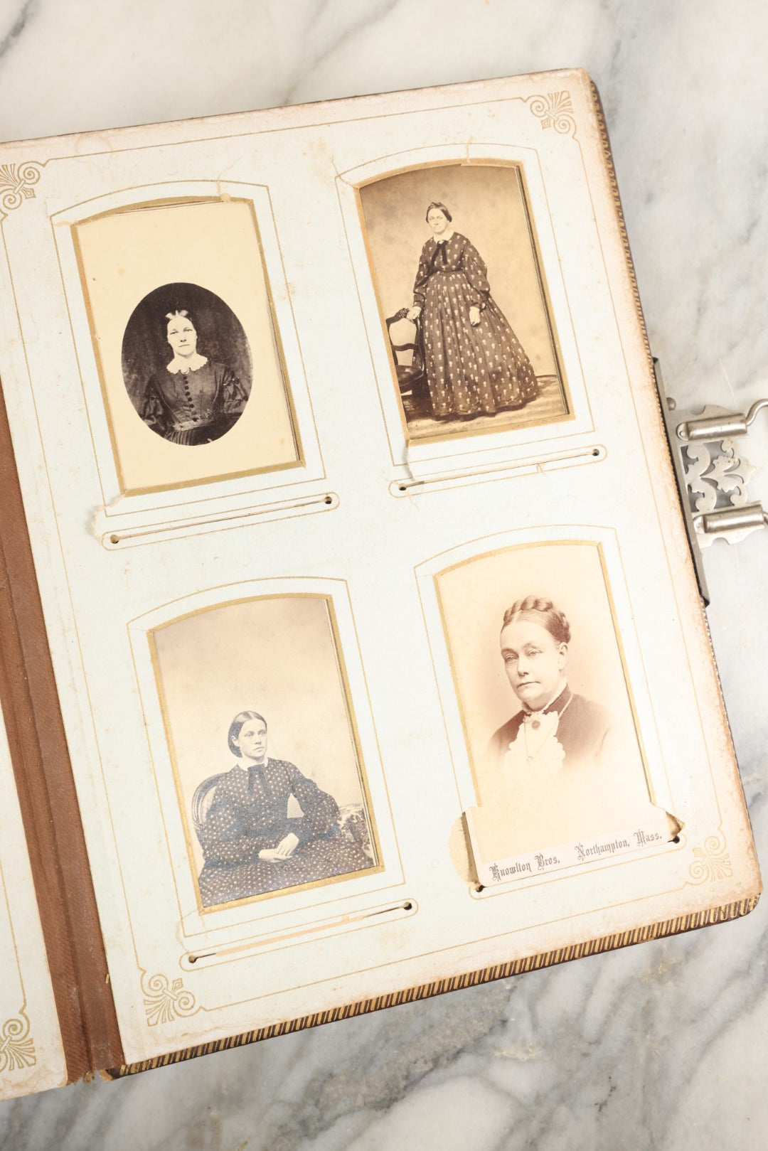 Lot 148 - Antique Cabinet Card Photo Album With Woman And Birds On Cover, Containing 25 Cabinet Cards And 12 Carte De Visite C.D.V. Photographs (All Pages Included In Pictures)