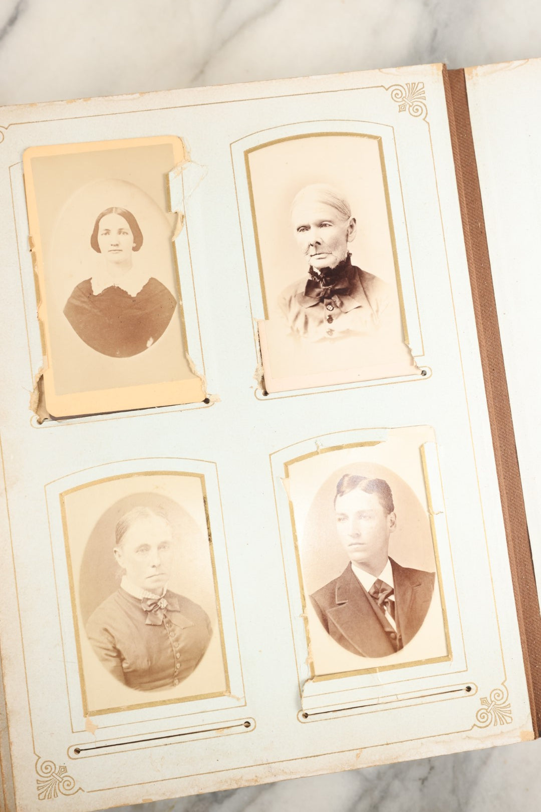 Lot 148 - Antique Cabinet Card Photo Album With Woman And Birds On Cover, Containing 25 Cabinet Cards And 12 Carte De Visite C.D.V. Photographs (All Pages Included In Pictures)