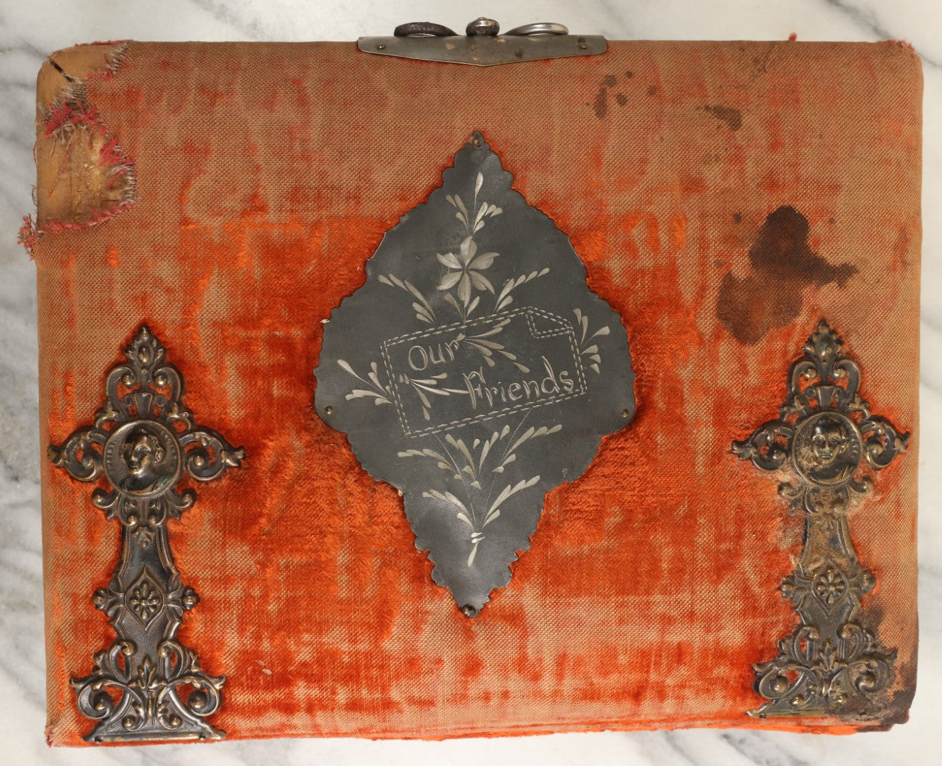 Lot 149 - Antique Cabinet Card Photo Album With Silverplate "Our Friends" Plaque, Christopher Columbus Adornments, Red Velvet Cover, Containing 19 Cabinet Cards, One Tintype, And 3 Carte De Visite C.D.V. Photos, Rough Condition (All Pages Included In Pictures)