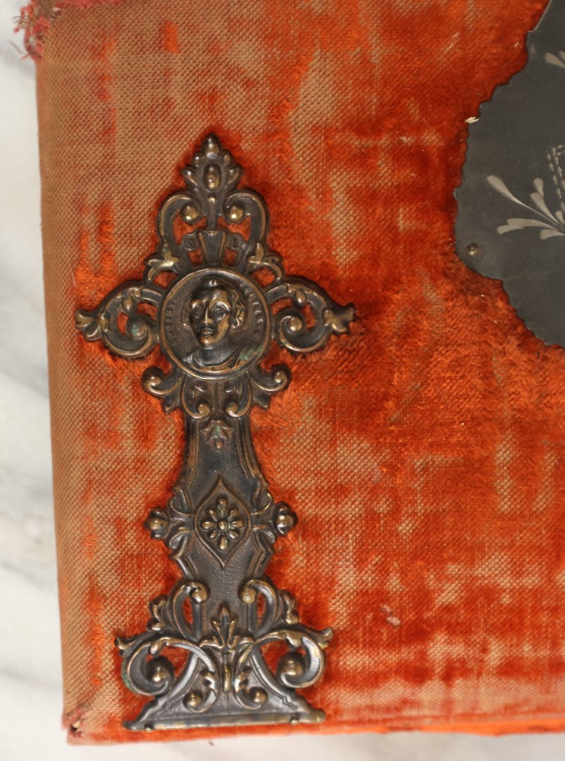 Lot 149 - Antique Cabinet Card Photo Album With Silverplate "Our Friends" Plaque, Christopher Columbus Adornments, Red Velvet Cover, Containing 19 Cabinet Cards, One Tintype, And 3 Carte De Visite C.D.V. Photos, Rough Condition (All Pages Included In Pictures)