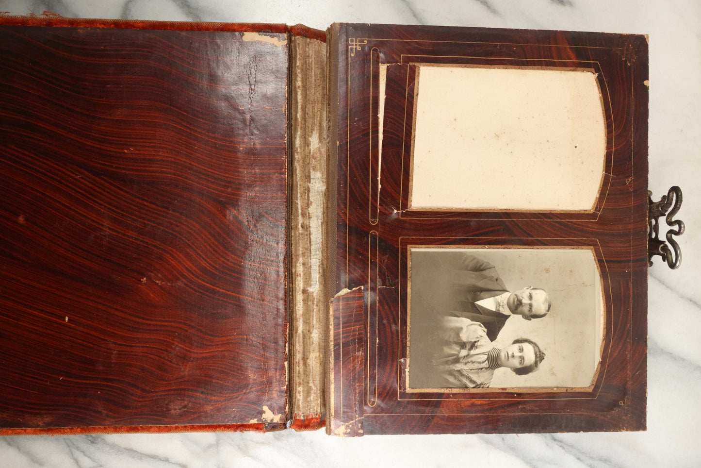 Lot 149 - Antique Cabinet Card Photo Album With Silverplate "Our Friends" Plaque, Christopher Columbus Adornments, Red Velvet Cover, Containing 19 Cabinet Cards, One Tintype, And 3 Carte De Visite C.D.V. Photos, Rough Condition (All Pages Included In Pictures)