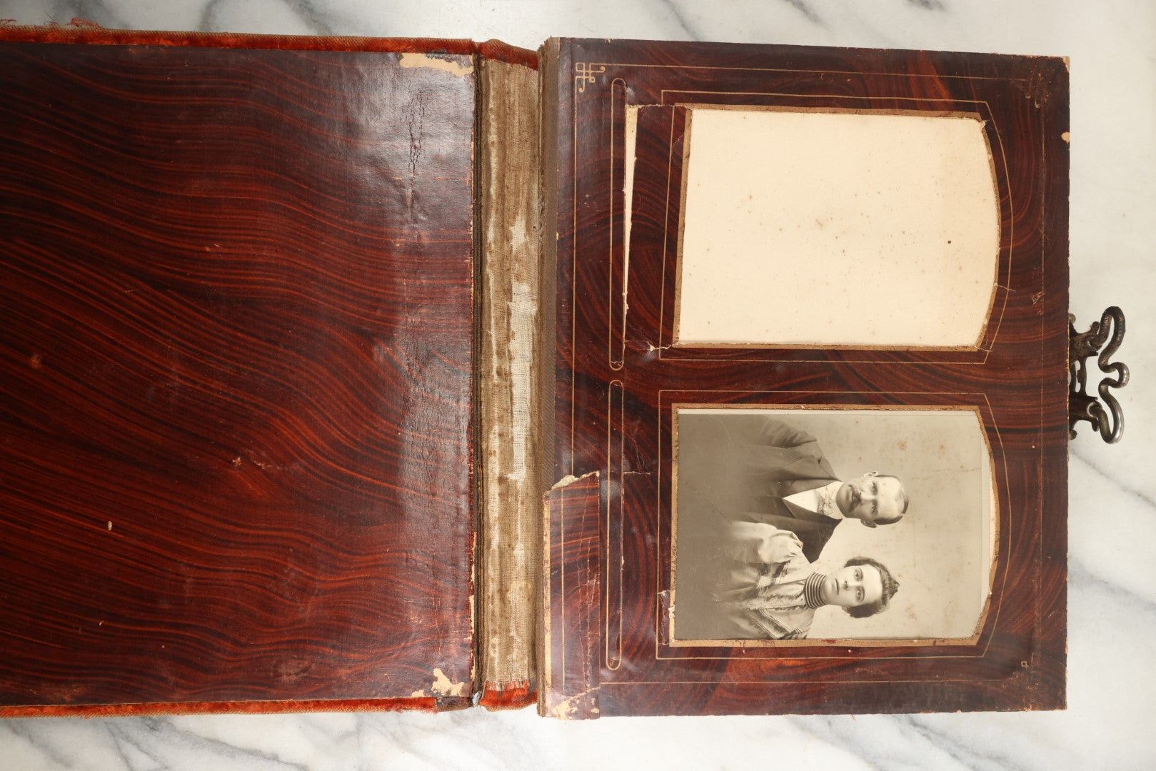 Lot 149 - Antique Cabinet Card Photo Album With Silverplate "Our Friends" Plaque, Christopher Columbus Adornments, Red Velvet Cover, Containing 19 Cabinet Cards, One Tintype, And 3 Carte De Visite C.D.V. Photos, Rough Condition (All Pages Included In Pictures)