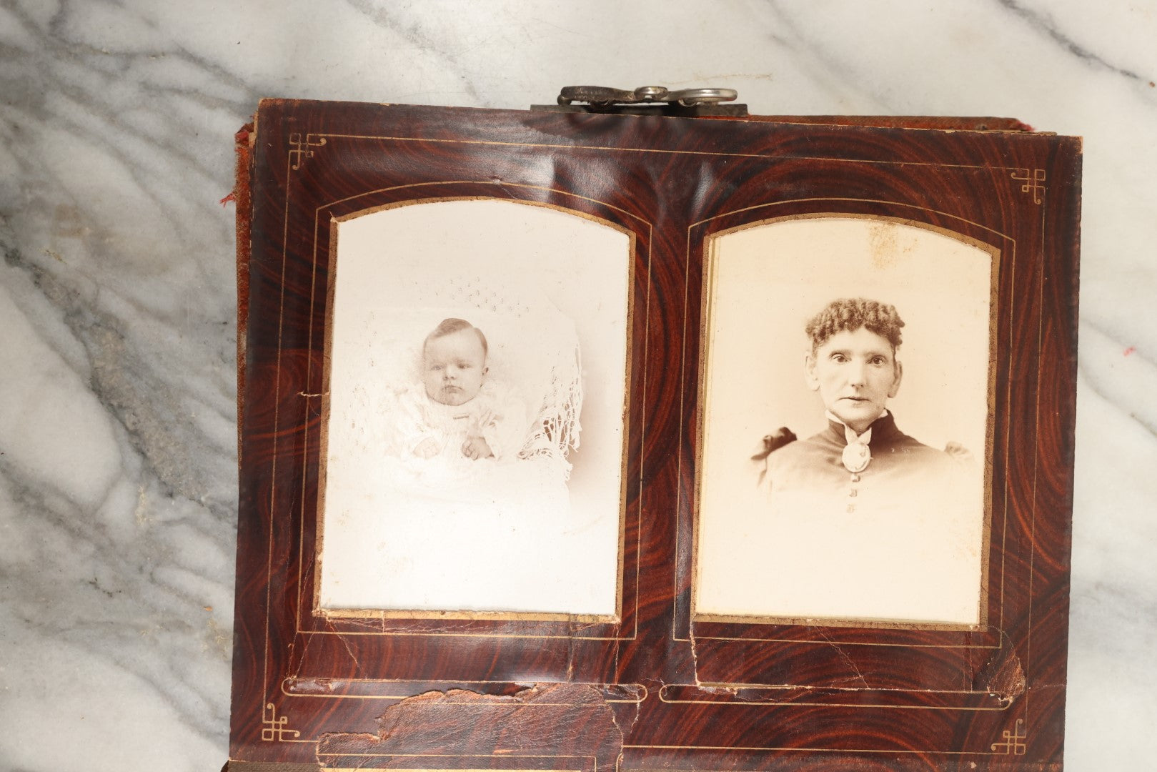 Lot 149 - Antique Cabinet Card Photo Album With Silverplate "Our Friends" Plaque, Christopher Columbus Adornments, Red Velvet Cover, Containing 19 Cabinet Cards, One Tintype, And 3 Carte De Visite C.D.V. Photos, Rough Condition (All Pages Included In Pictures)