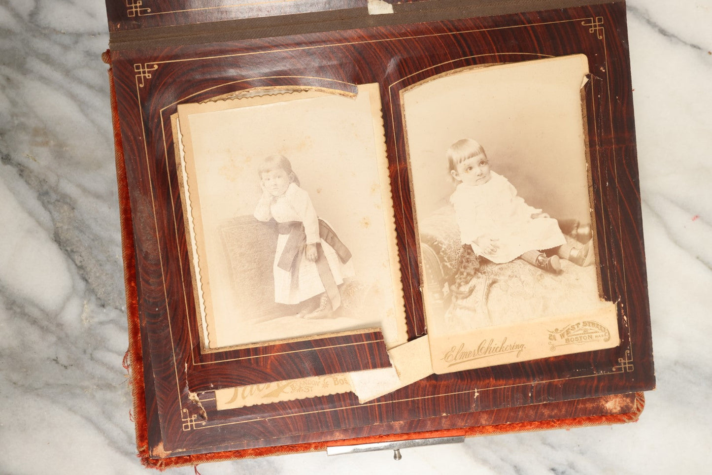 Lot 149 - Antique Cabinet Card Photo Album With Silverplate "Our Friends" Plaque, Christopher Columbus Adornments, Red Velvet Cover, Containing 19 Cabinet Cards, One Tintype, And 3 Carte De Visite C.D.V. Photos, Rough Condition (All Pages Included In Pictures)