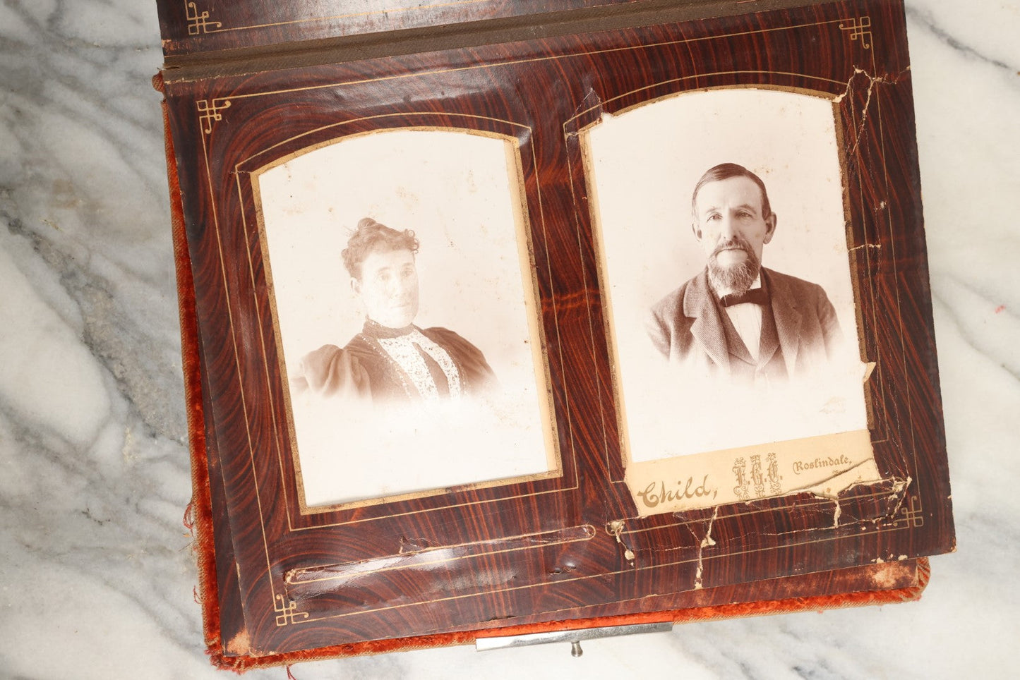 Lot 149 - Antique Cabinet Card Photo Album With Silverplate "Our Friends" Plaque, Christopher Columbus Adornments, Red Velvet Cover, Containing 19 Cabinet Cards, One Tintype, And 3 Carte De Visite C.D.V. Photos, Rough Condition (All Pages Included In Pictures)