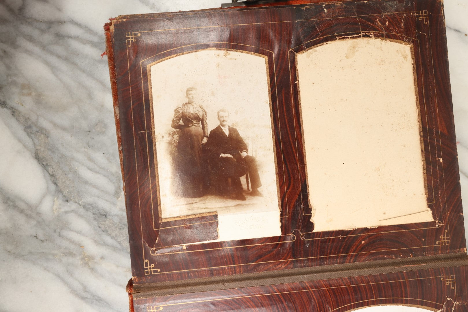Lot 149 - Antique Cabinet Card Photo Album With Silverplate "Our Friends" Plaque, Christopher Columbus Adornments, Red Velvet Cover, Containing 19 Cabinet Cards, One Tintype, And 3 Carte De Visite C.D.V. Photos, Rough Condition (All Pages Included In Pictures)