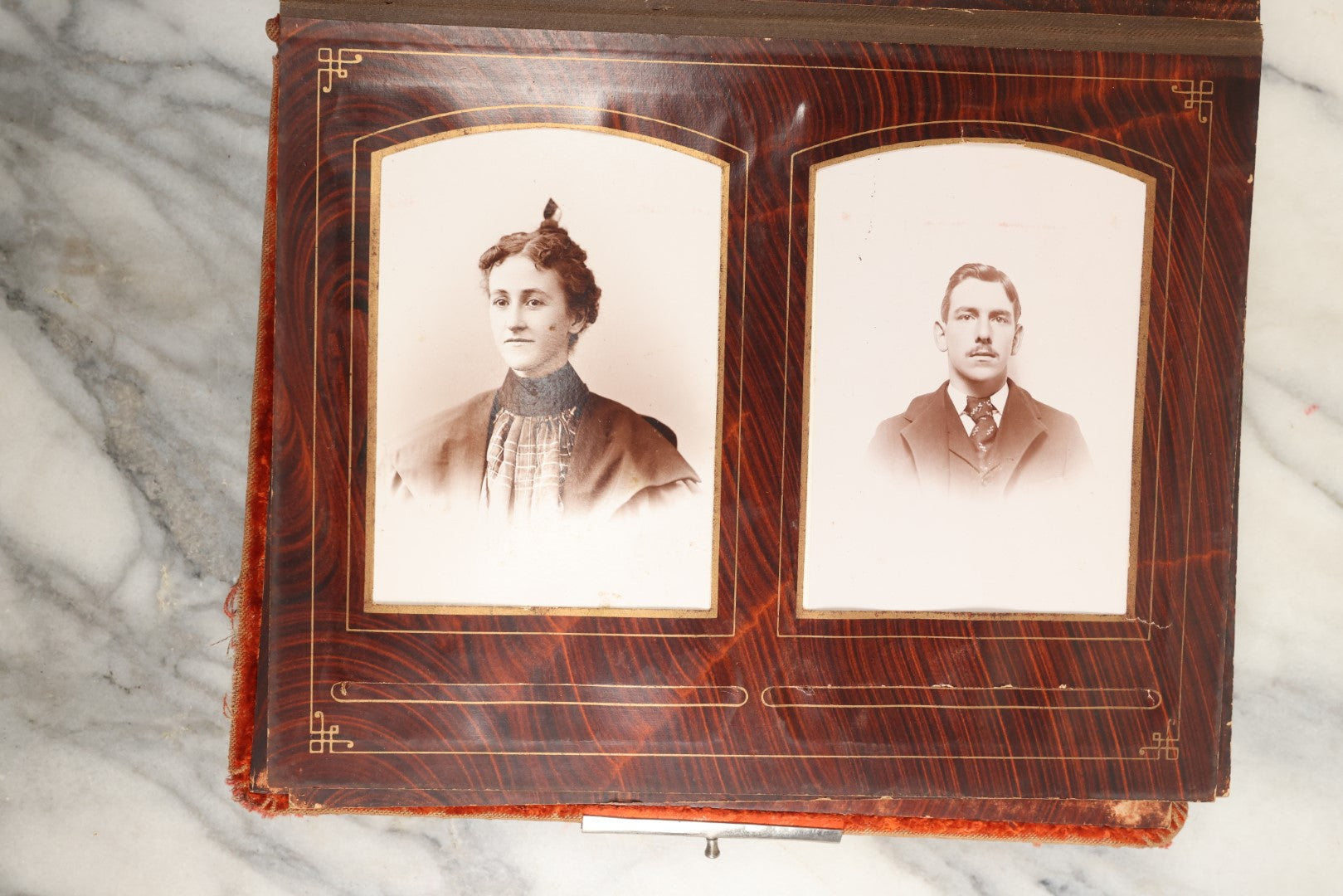 Lot 149 - Antique Cabinet Card Photo Album With Silverplate "Our Friends" Plaque, Christopher Columbus Adornments, Red Velvet Cover, Containing 19 Cabinet Cards, One Tintype, And 3 Carte De Visite C.D.V. Photos, Rough Condition (All Pages Included In Pictures)