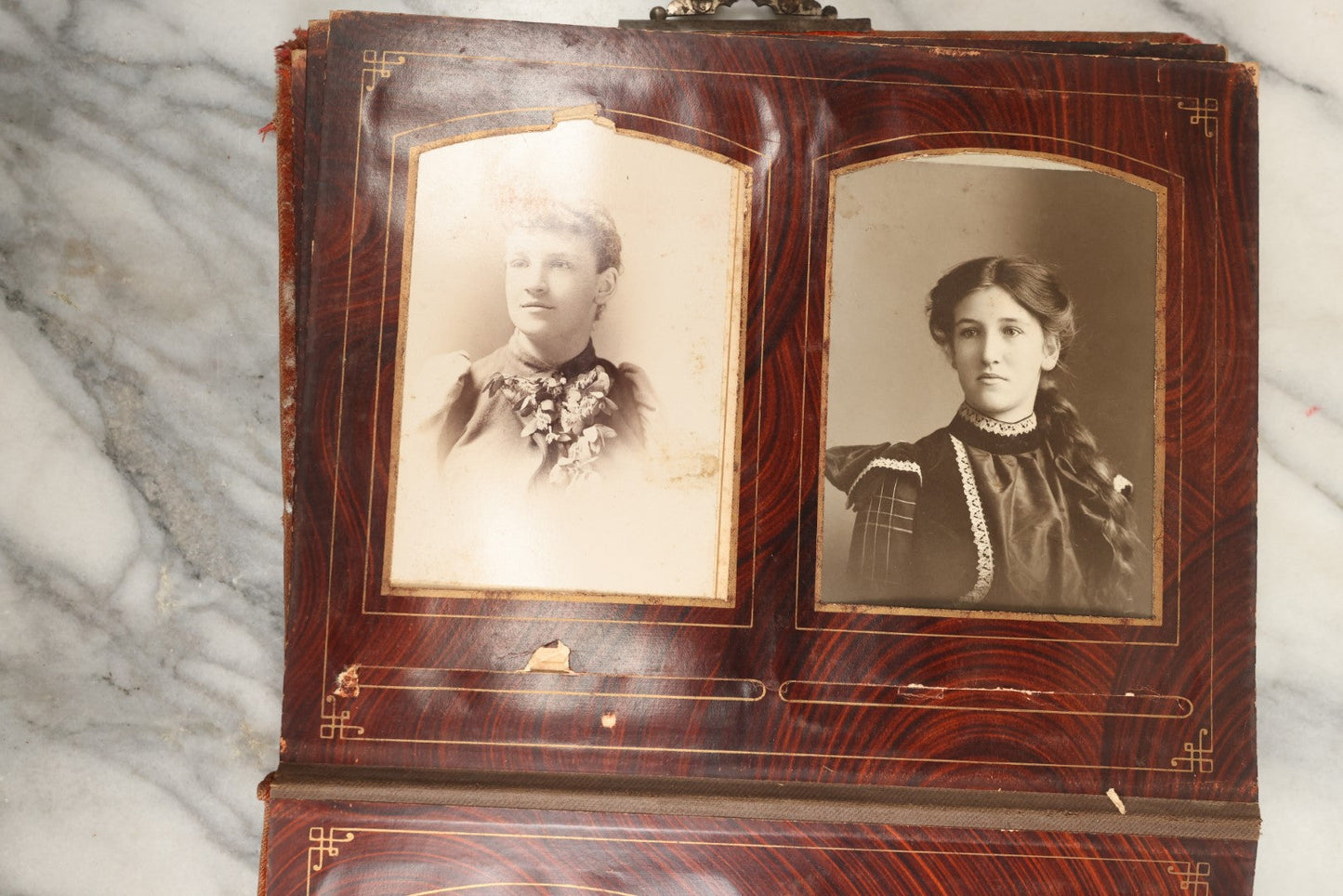 Lot 149 - Antique Cabinet Card Photo Album With Silverplate "Our Friends" Plaque, Christopher Columbus Adornments, Red Velvet Cover, Containing 19 Cabinet Cards, One Tintype, And 3 Carte De Visite C.D.V. Photos, Rough Condition (All Pages Included In Pictures)