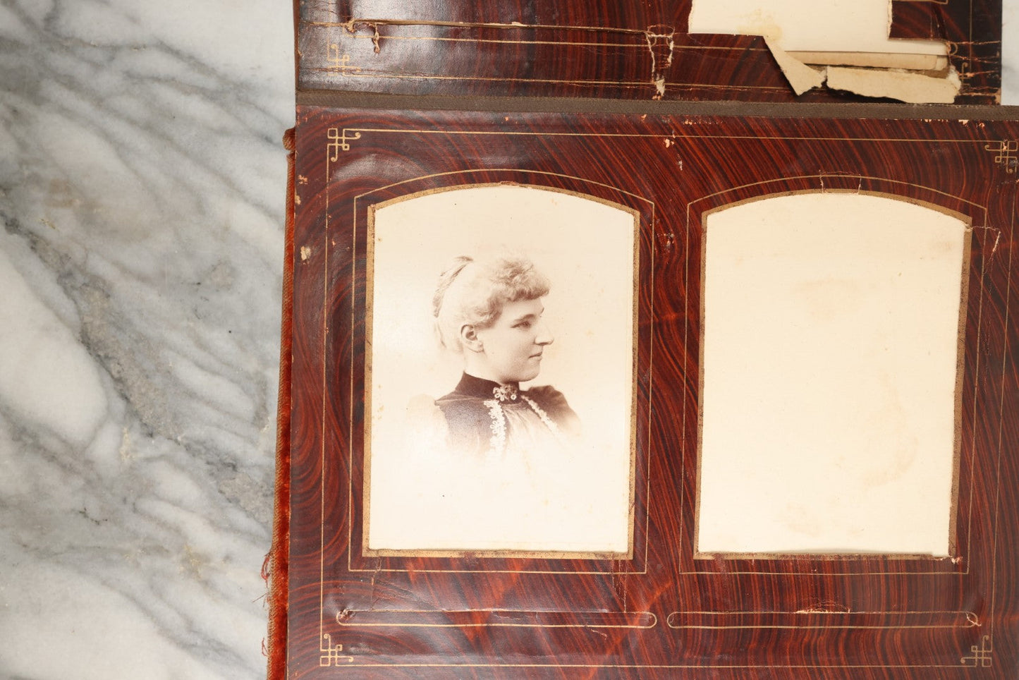 Lot 149 - Antique Cabinet Card Photo Album With Silverplate "Our Friends" Plaque, Christopher Columbus Adornments, Red Velvet Cover, Containing 19 Cabinet Cards, One Tintype, And 3 Carte De Visite C.D.V. Photos, Rough Condition (All Pages Included In Pictures)