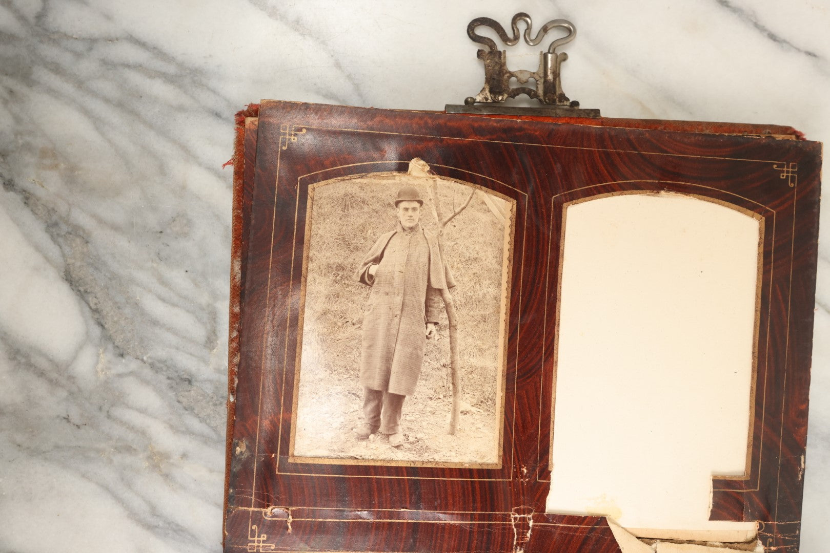 Lot 149 - Antique Cabinet Card Photo Album With Silverplate "Our Friends" Plaque, Christopher Columbus Adornments, Red Velvet Cover, Containing 19 Cabinet Cards, One Tintype, And 3 Carte De Visite C.D.V. Photos, Rough Condition (All Pages Included In Pictures)